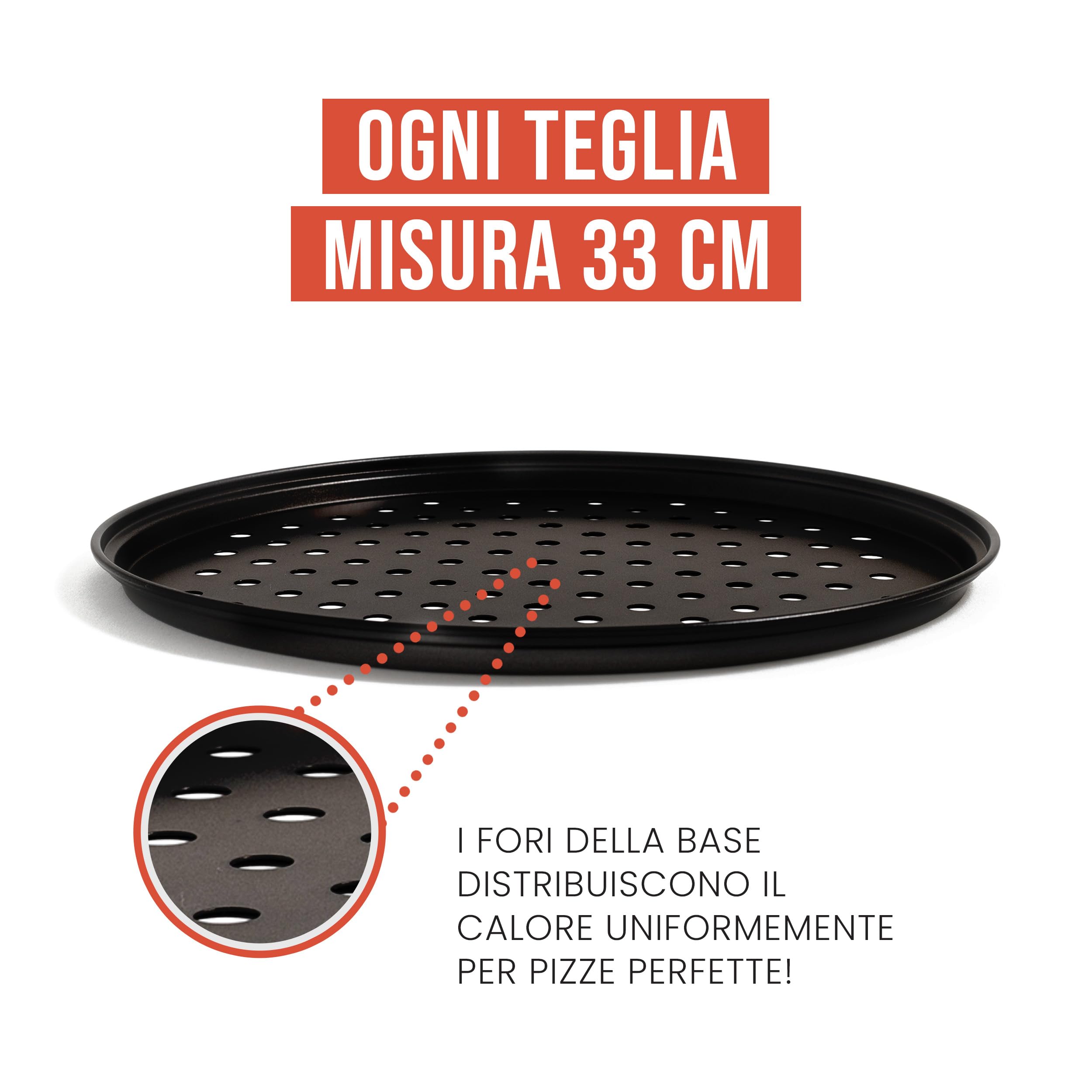 Chef Pomodoro Set di 3 Teglie per Pizza con Portateglie Incluso, Teglia per Pizza Rotonda, Antiaderente e Forata, Teglia Pizza da 28 cm per Forni Domestici, Resiste Fino a 450°C (Nero)