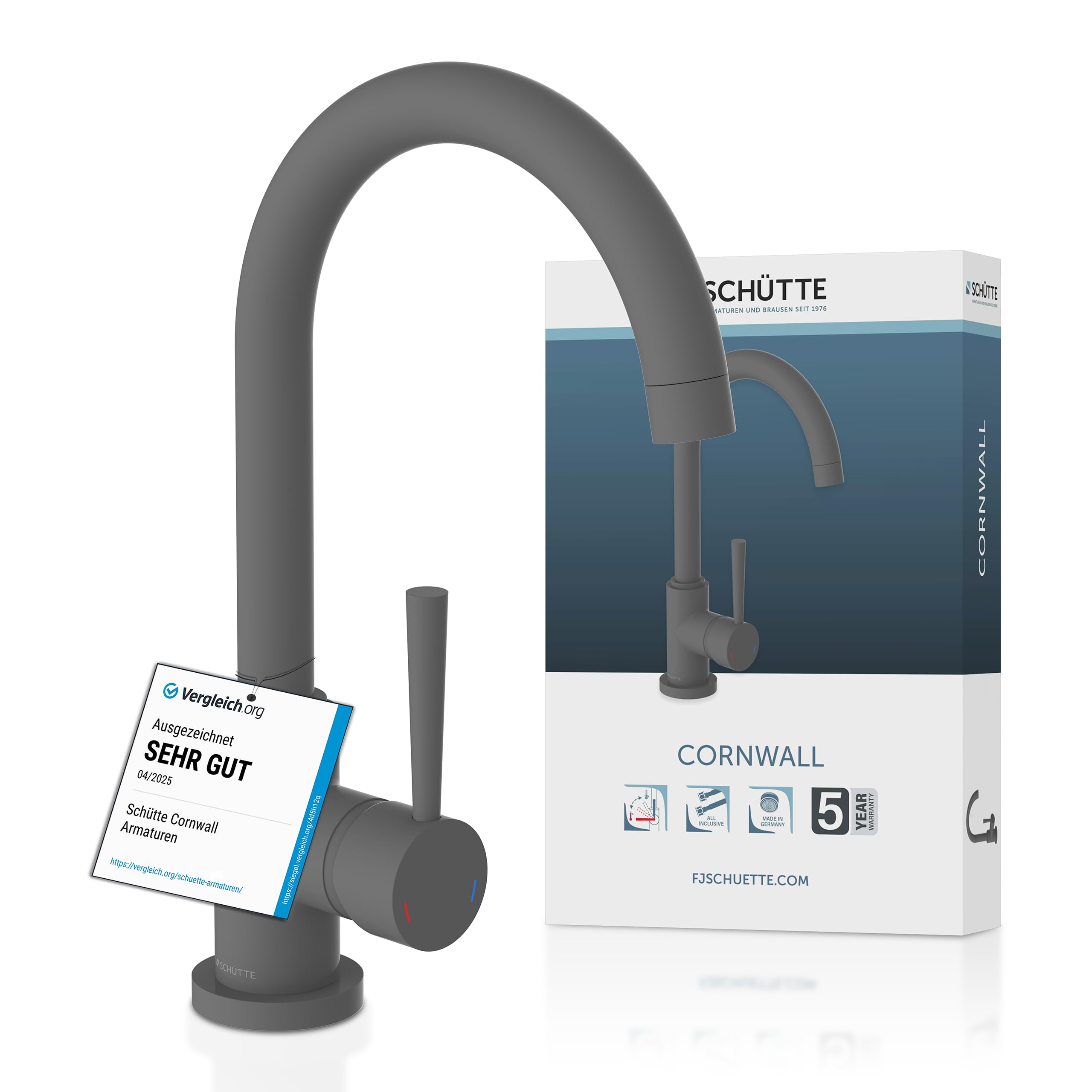 SCHÜTTE 79164 Küchenarmatur Cornwall, Anthrazit matt | 360 Grad schwenkbarer Wasserhahn Küche, Mischbatterie für die Spüle mit Einhebelmischer, Spültischarmatur Küchenspüle