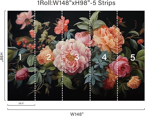 Miniatura 2 de Zeeko Murales de pared grandes florales para despegar y pegar, 148 pulgadas de ancho x 98 pulgadas de alto, papel tapiz vintage 3D de peonía oscura,