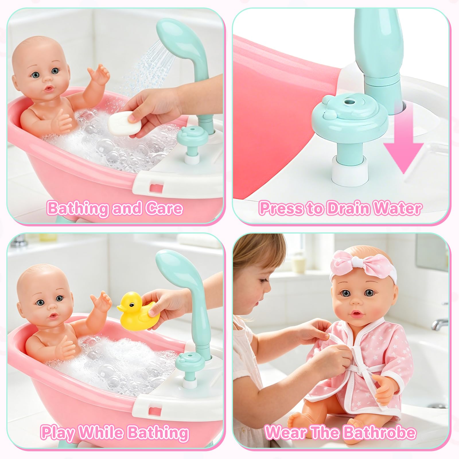 deAO Bambola con Vasca da Bagno, Vasca Doccia Funzionante | Set di Bagno Bambola, 30cm Bambolotto Bambina con Accessori Igiene e Vestiti, Regalo Compleanno Natale per Bambine 3+ Anni
