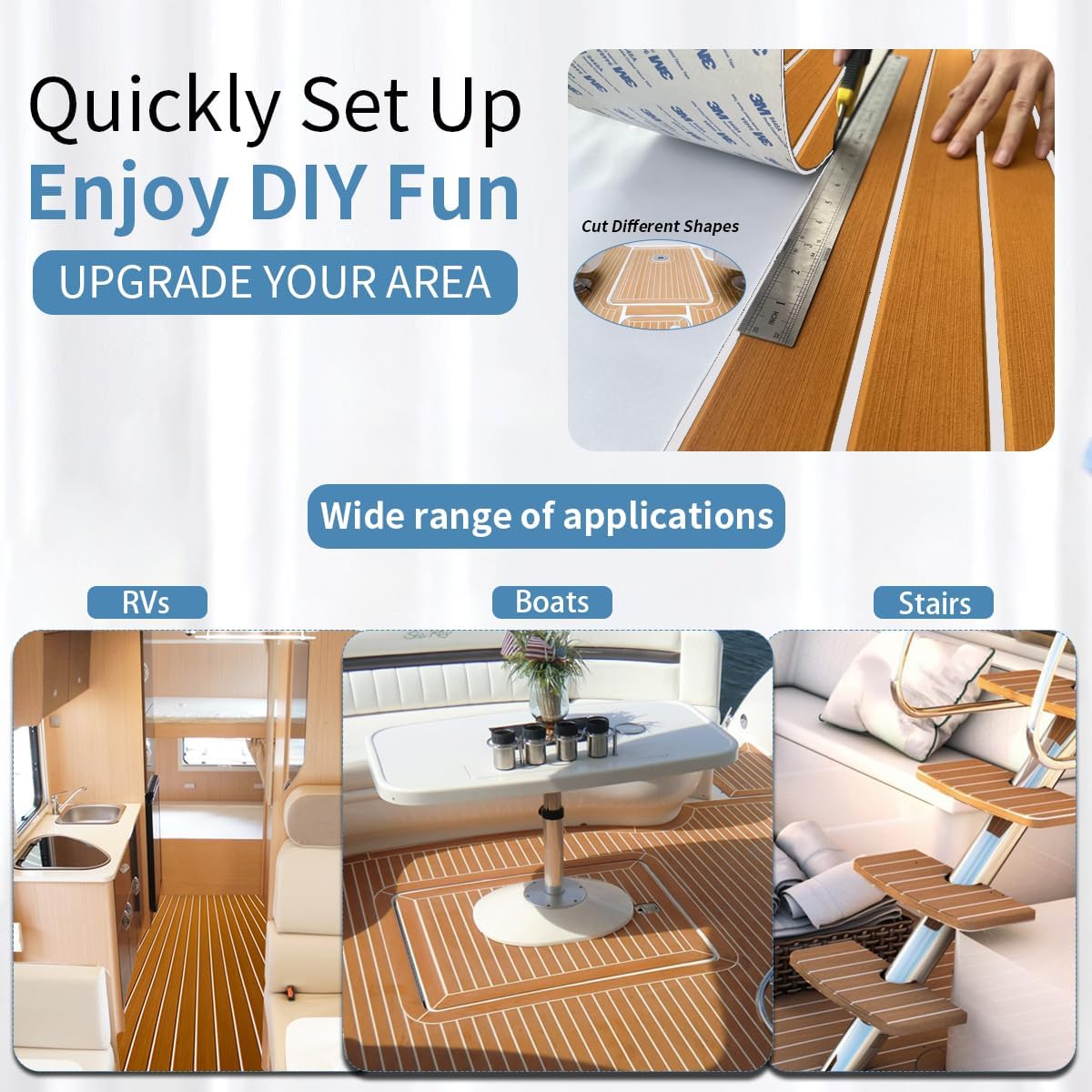 Boat Flooring with 3M Self-Adhesive,Marine EVA Foam Boat Decking,Faux Teak Sheet for Deck Floor, Non-Slip for Yacht Kayak Motorboat RV