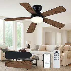 Hivento Ventilador de Teto com Controle Remoto/App, Luz LED 3 Cores, 6 Velocidades, Silencioso, Reversível, Ventiladores Teto para Quarto Interno/Externo, Bivolt 110/220V, Preto