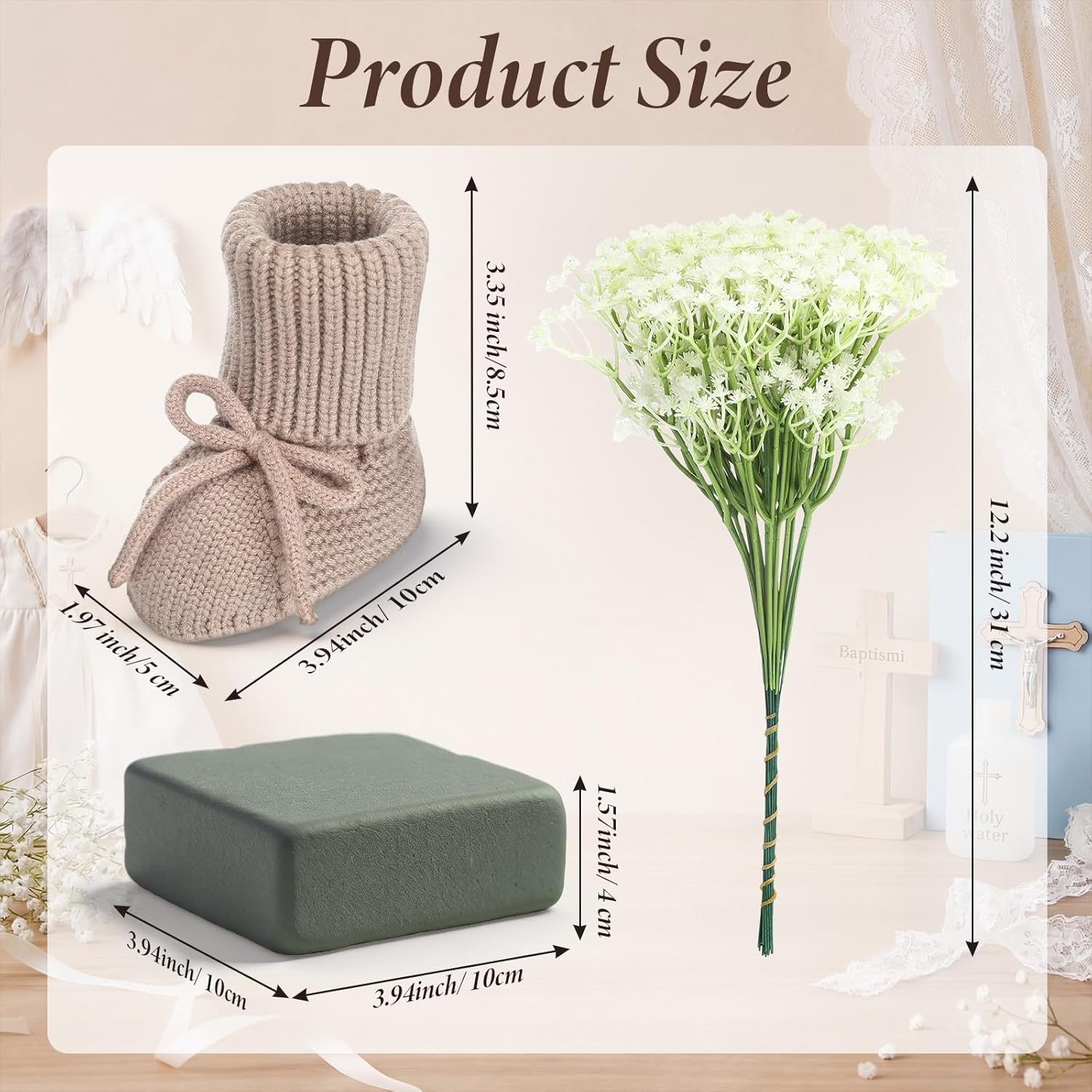 3 Sets Boho Baby Shower Centerpieces, Includes Knitted Newborn Booties and Baby's Breath Flowers with Floral Foam Block for Gender Reveal Newborn Announcement Table Decor