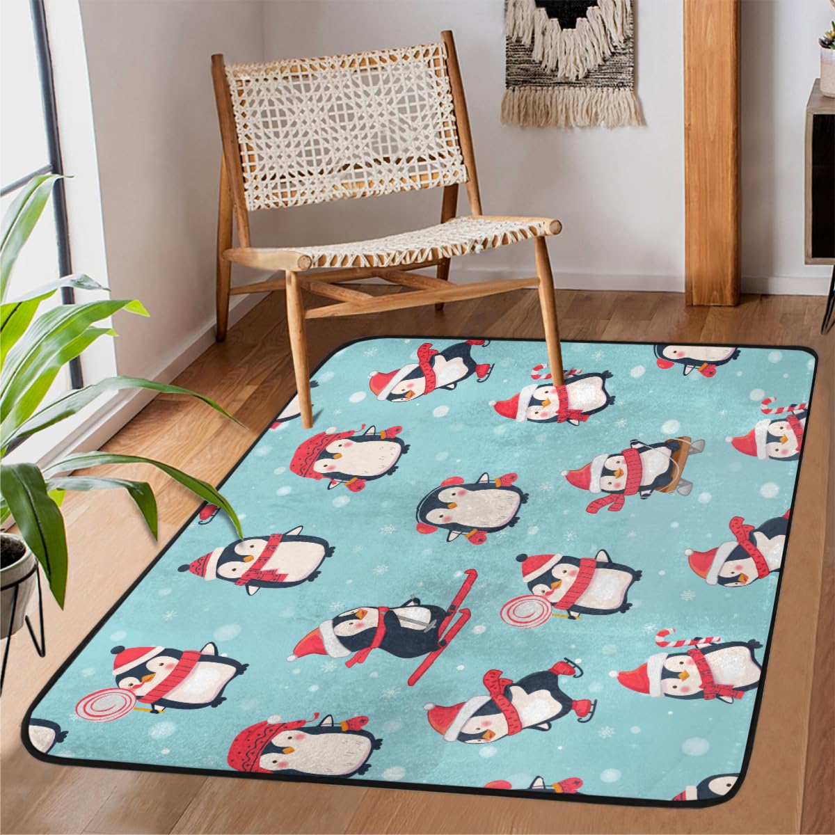 Tapis pingouin hiver 122x160 pour une chambre d'enfant douillette et un salon chaleureux