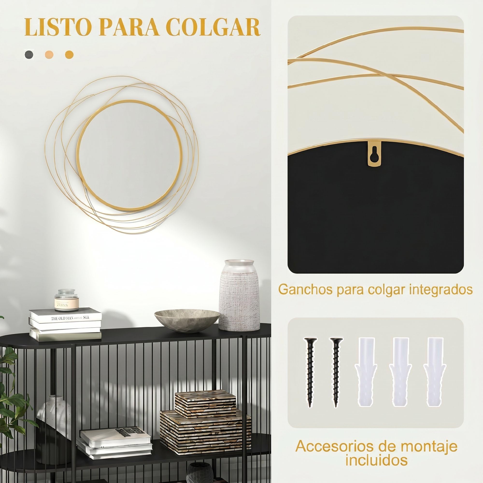 HOMCOM Espejo Decorativo de Pared Adorno de Pared Metálico Ø65 cm Dorado | con Ganchos, para Salón, Dormitorio, Pasillo