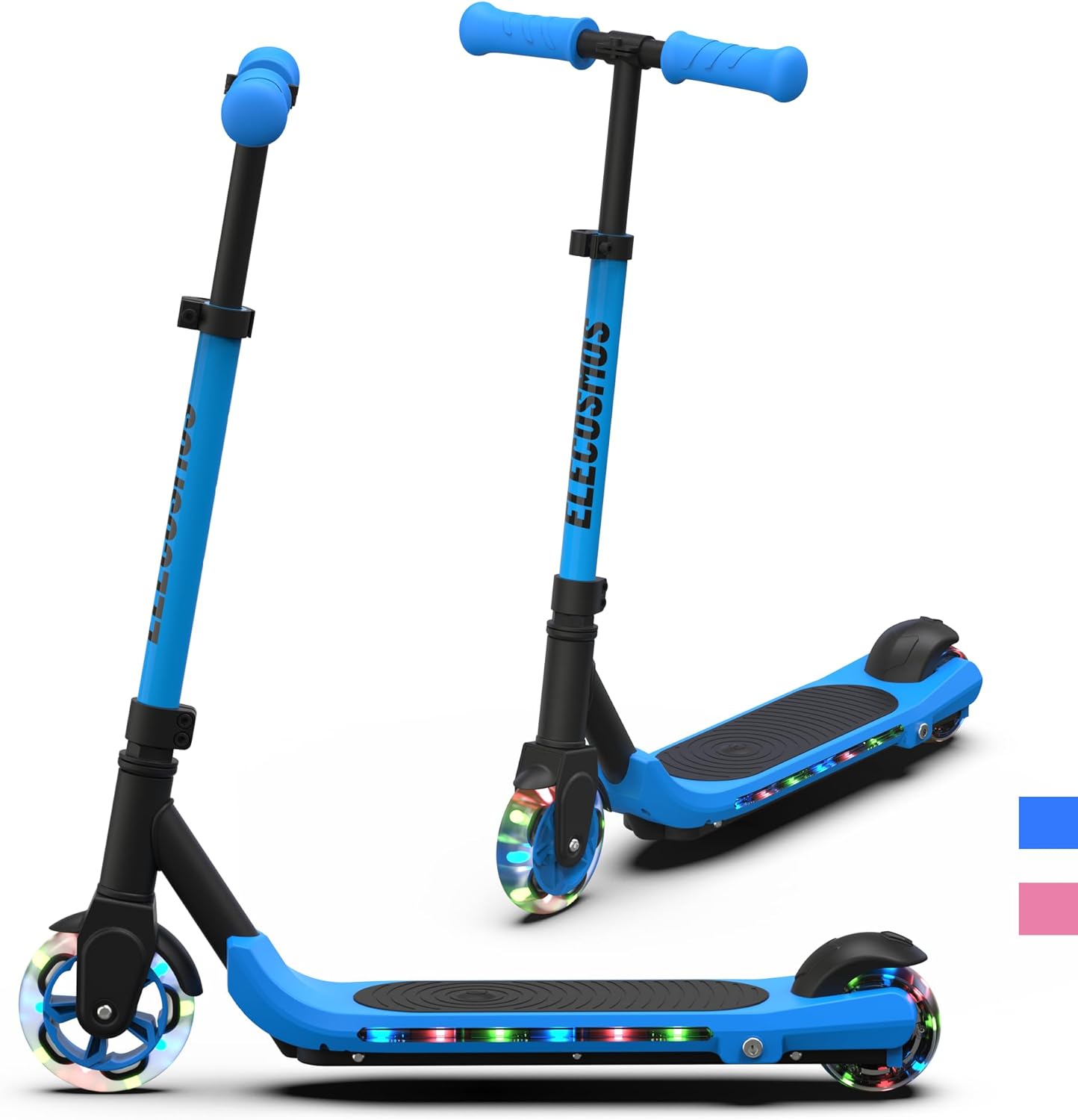 Elecosmos Easy Balance Electric Scooter for Kids Ages 4-12, Flashing Deck & 2 Light Up Wheels, 3 Heights Adjustable, 5 MPH Safe Speed, Super Lightweight Kick Scooter for Kids blue
