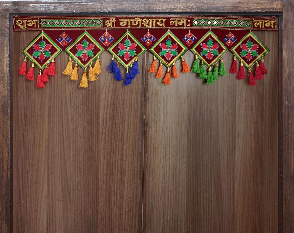 Auspicious Shubh Labh Colgante De Loto Laxmi Ganesh Bandanwar Para Colgar En La Pared Para Puerta, Toran Tradicional Indio, Festival Tradicional Hecho A Mano, Cenefa Religiosa Para Decoración Del
