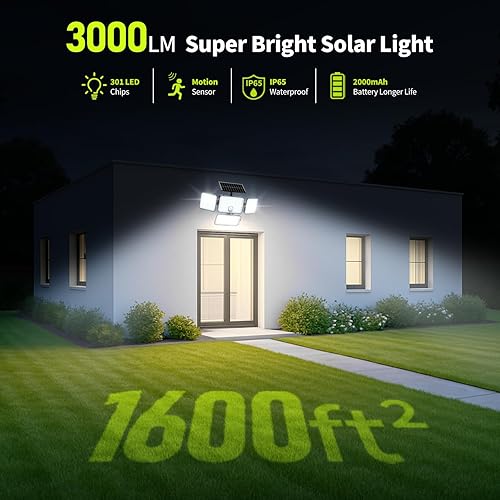 Miniatura 2 de Luces solares de 4 cabezales impermeables para exteriores, 3000 lúmenes, 6500 K, luz de movimiento solar para exteriores con control remoto, 3