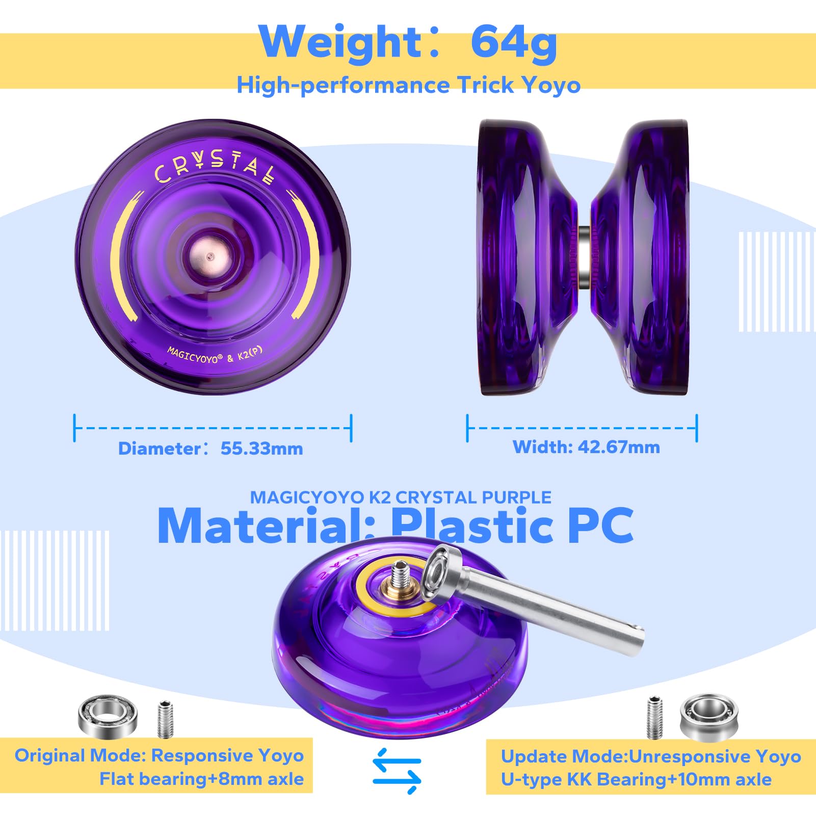YOSTAR Yoyos Pack, plastica Responsive JoJo K2 cristallo viola, metallo Unresponsive JoJo N11 nero oro, Dual Purpose Yoyo per bambini principianti, Trick Yo yo con cuscinetti lisci