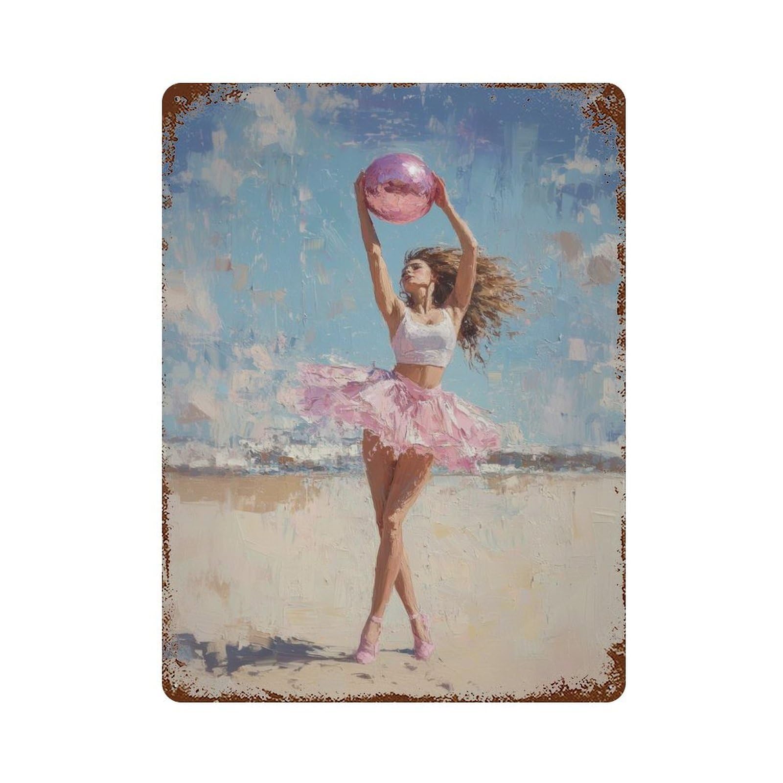 Garage Style Ballerina on The Beach Painting Gymnastics Wall Print for Girls Distressed Metal Wall Sign 15.7"x11.8", Novelty Wall Decor for Bar And Workshop