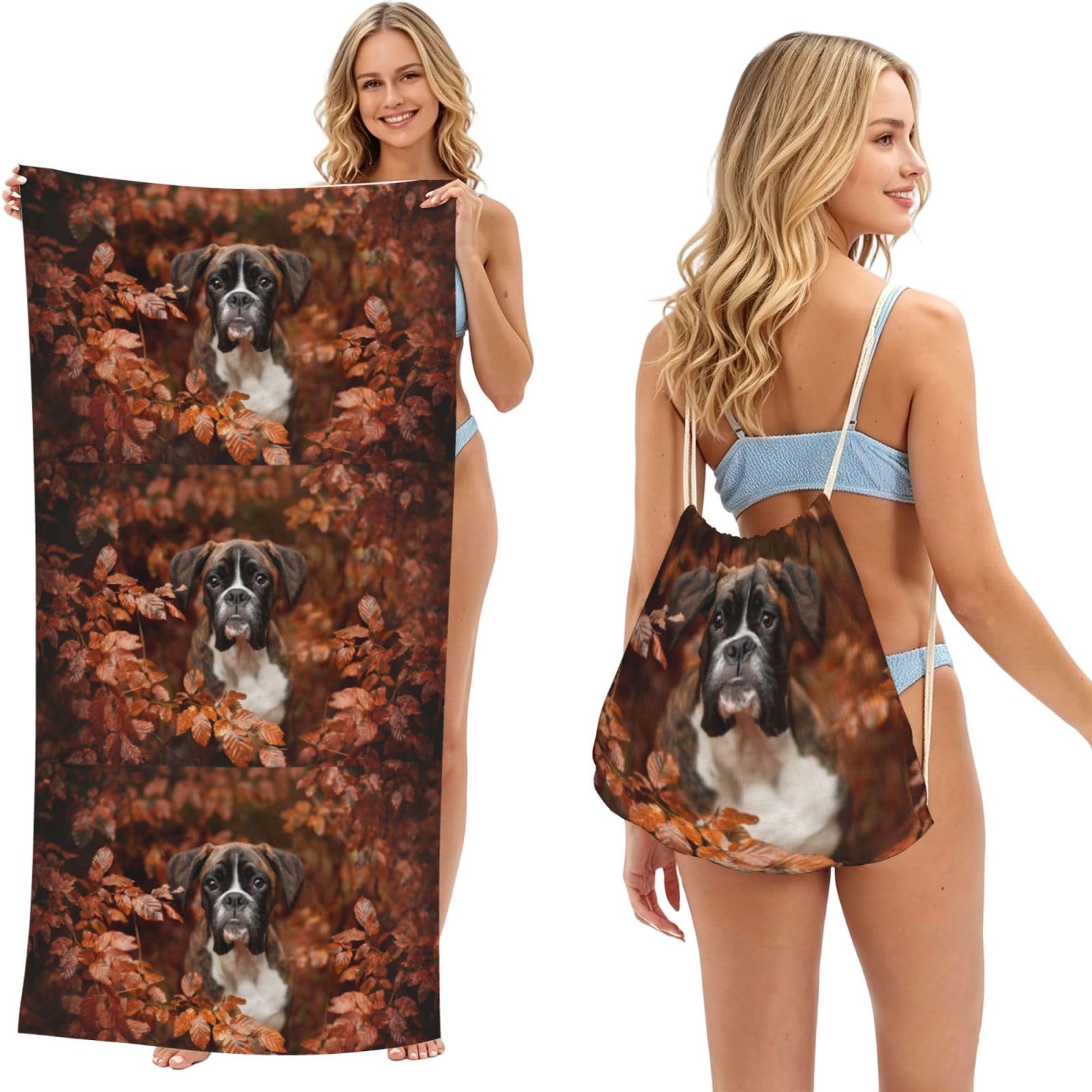 Poadnly Boxer Dogs Autumn, 2 in 1 Packable Towel Bag, Beach Towels with Drawstring Backpack for Travel Holiday Camping