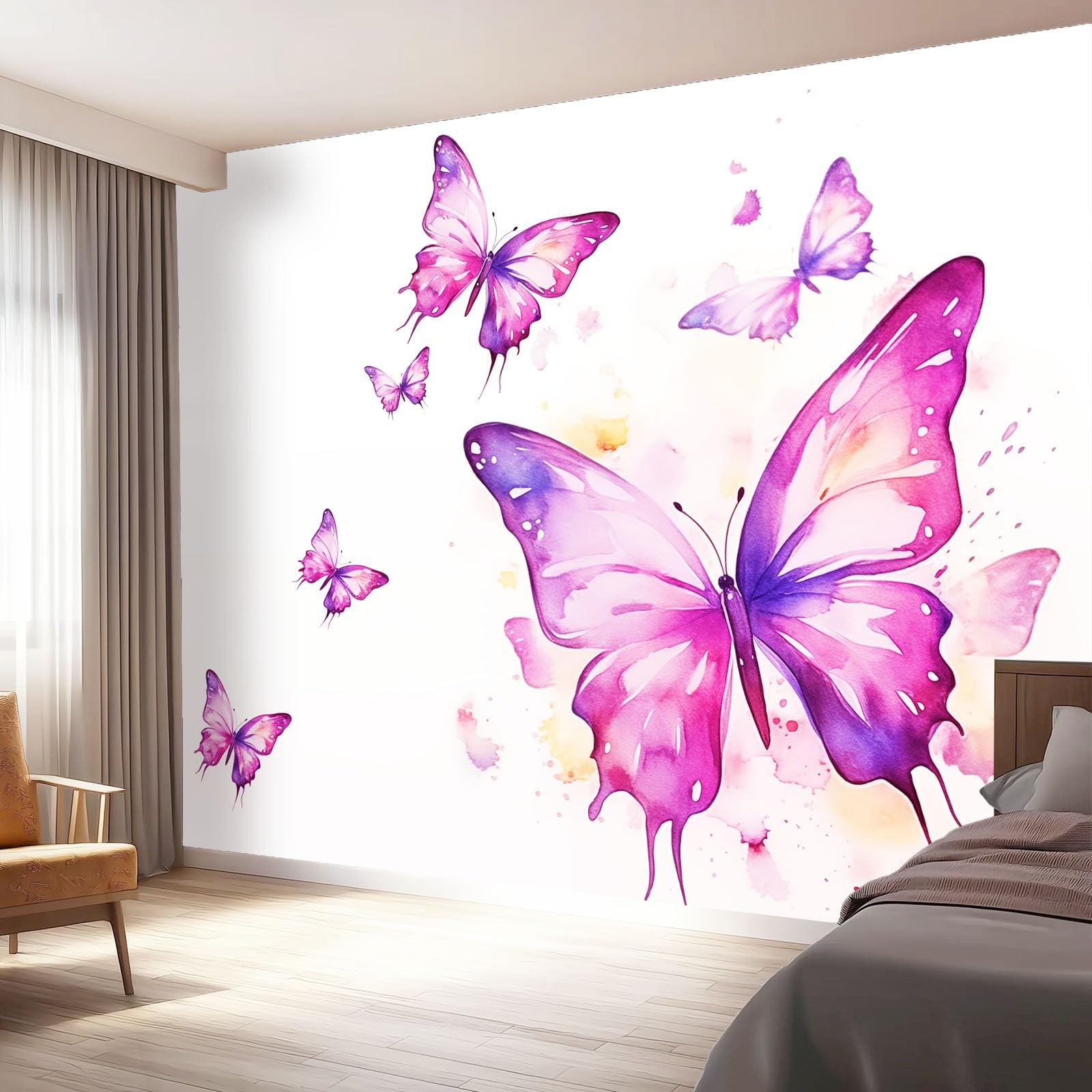 Panoramiczna tapeta 400 x 280 cm, elegancka akwarela motyle zwierzęta salon sypialnia dekoracja domu - tapeta z włókniny 3D fioletowa