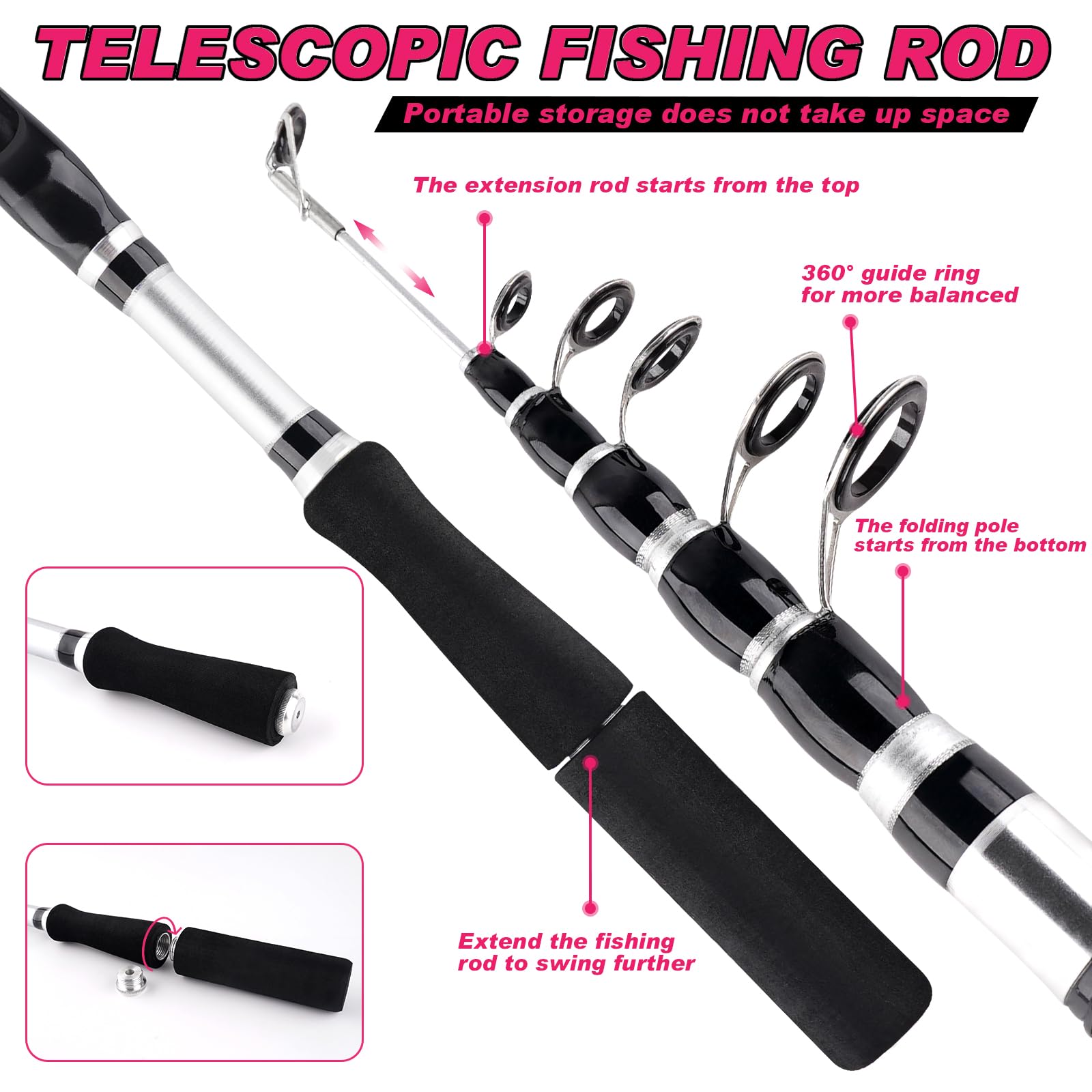 Teleskop-Angelruten und Rollen, Kombi-Set, 2,1 m, tragbare Angelrute, Spinnrolle, Köder, Zubehör mit Aufbewahrungstasche, Salzwasser, Süßwasser, Angelrute, Kombi, Angler-Geschenk, 2 Stück