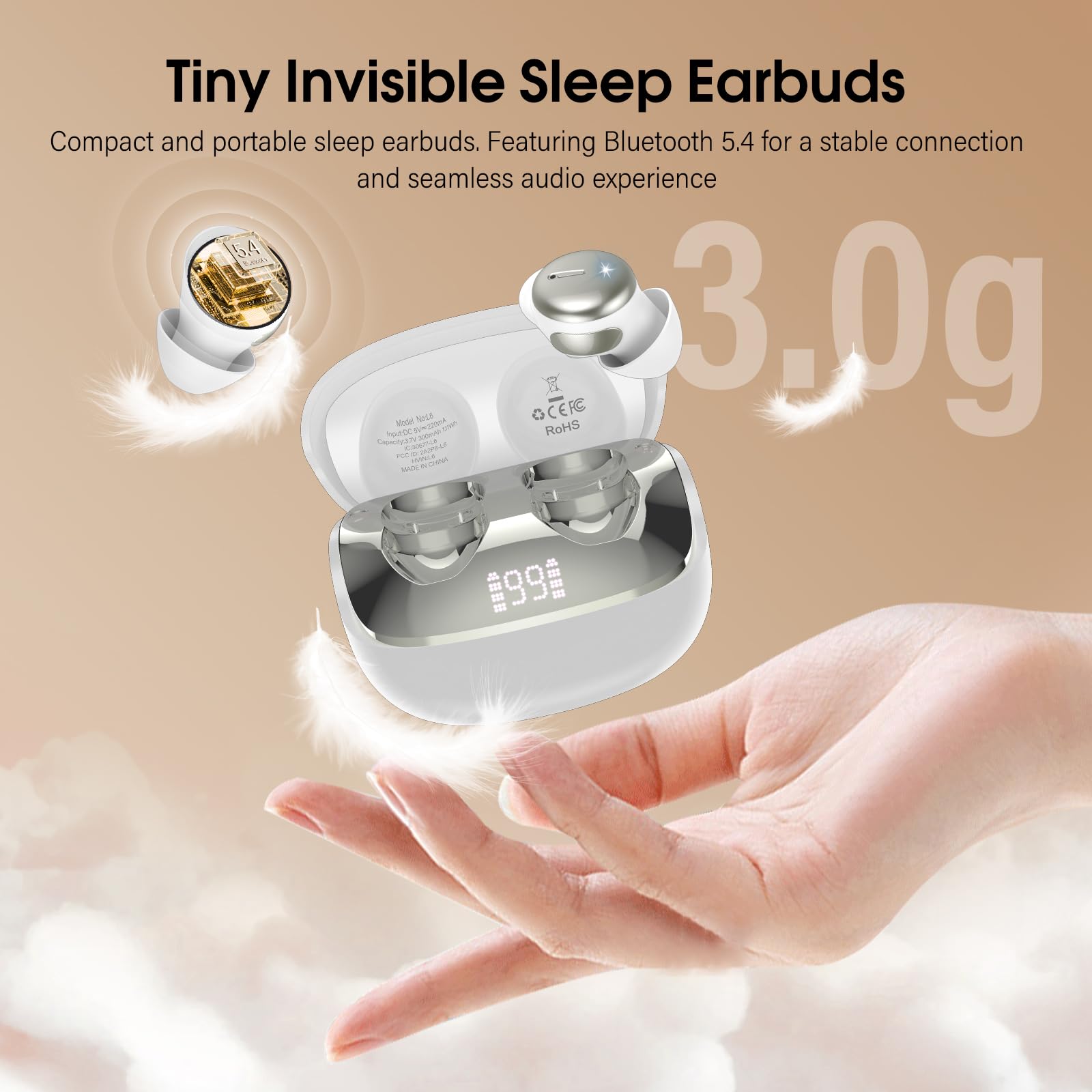 Sleep Earbuds Bluetooth 5.4 in Ear Light-Weight Headphones with Sleep Mode and White Noise, Mini Sleep Ear Buds for Side Sleepers, Clear Calls, 48H Sleep Earphones for Relaxing/Focus, White — view 6