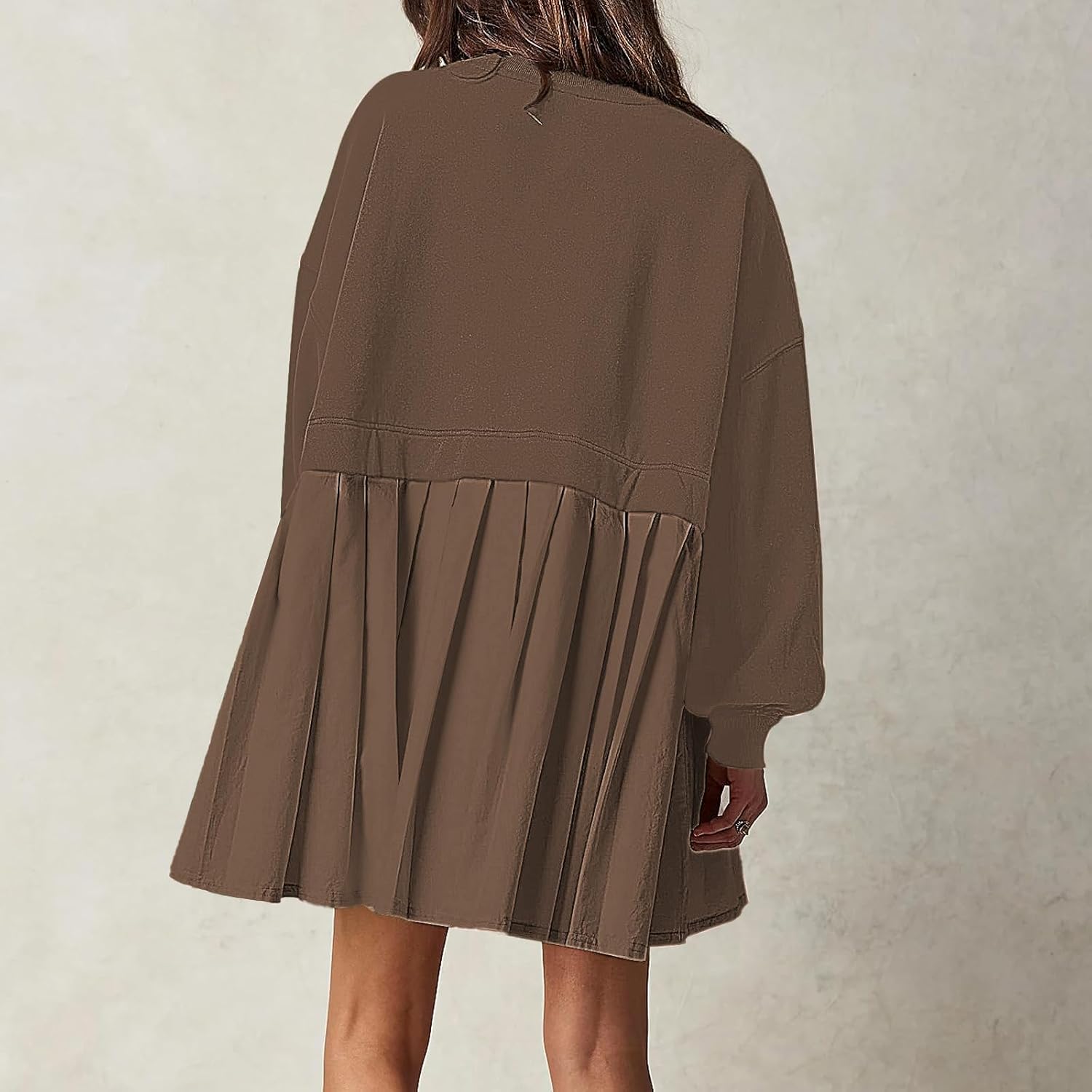 Womens Summer Dresses Oversized Crewneck Patchwork Long Sleeve Casual Loose Pullover Pleated Hem Sweatshirt Dress