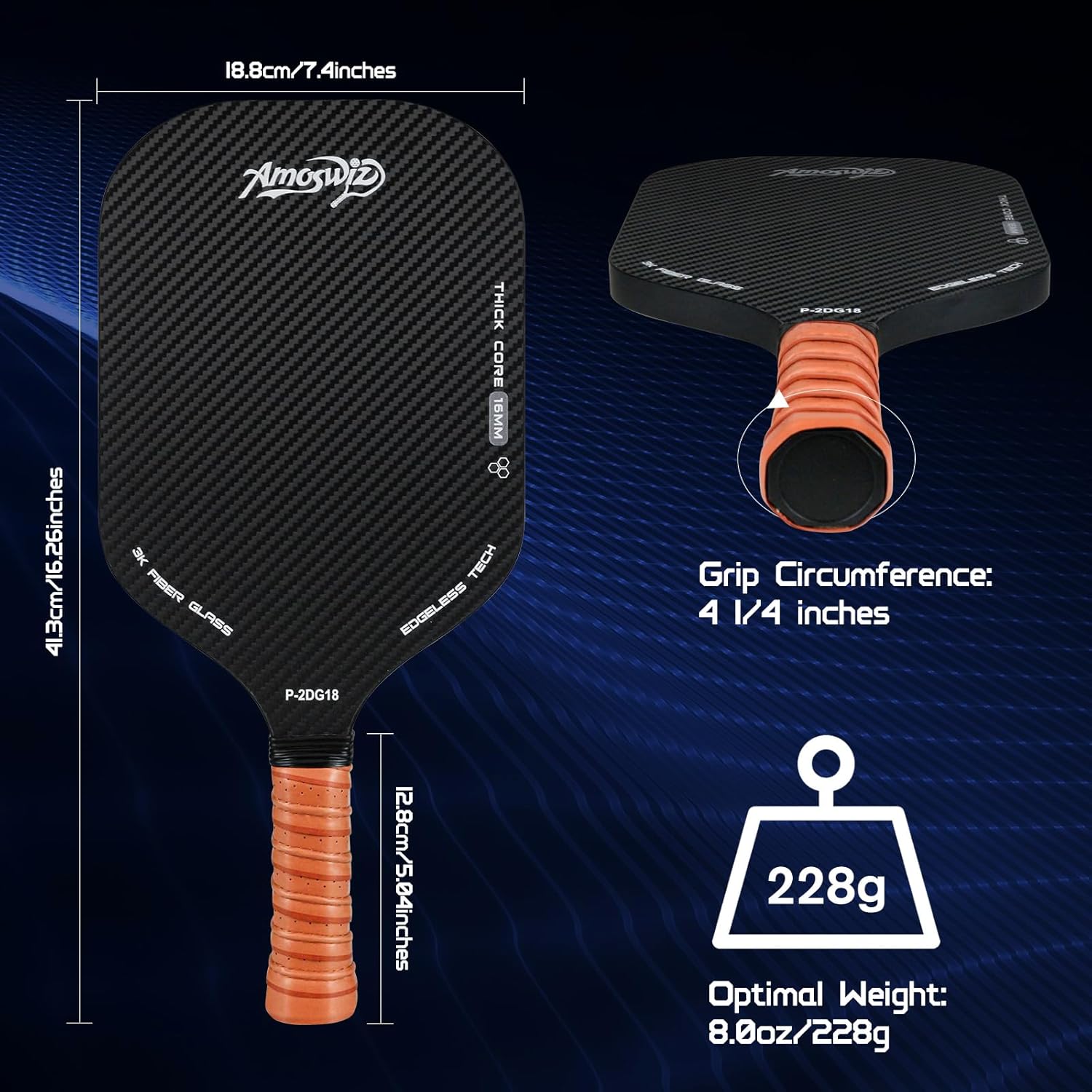 Pickleball Paddles, 16MM Edgeless Pickle Ball Paddle with 4 Balls, Real 3K Carbon Surface for Spin & Control, Suit for Indoor & Outdoor Play
