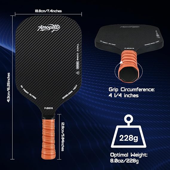 Pickleball Paddles, 16MM Edgeless Pickle Ball Paddle with 4 Balls, Real 3K Carbon Surface for Spin & Control, Suit for Indoor & Outdoor Play