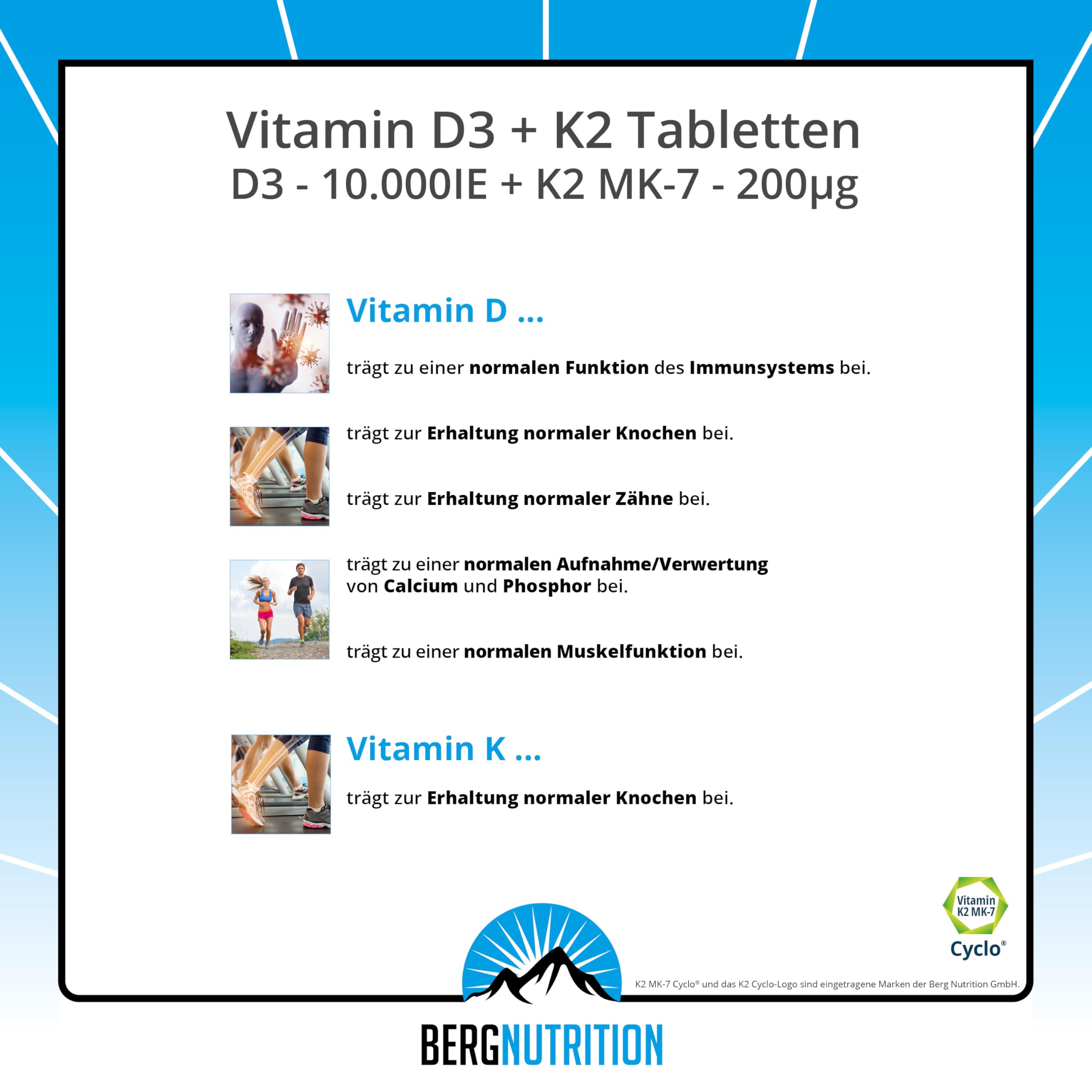 Vitamin D3 10.000 I.E + 200 µg K2 99+% ALL-Trans, 365 vegetarische Tabletten hochdosiert u. teilbar, Premium Vitamin D Tabletten, Vitamin D 3 und Vitamin K 2