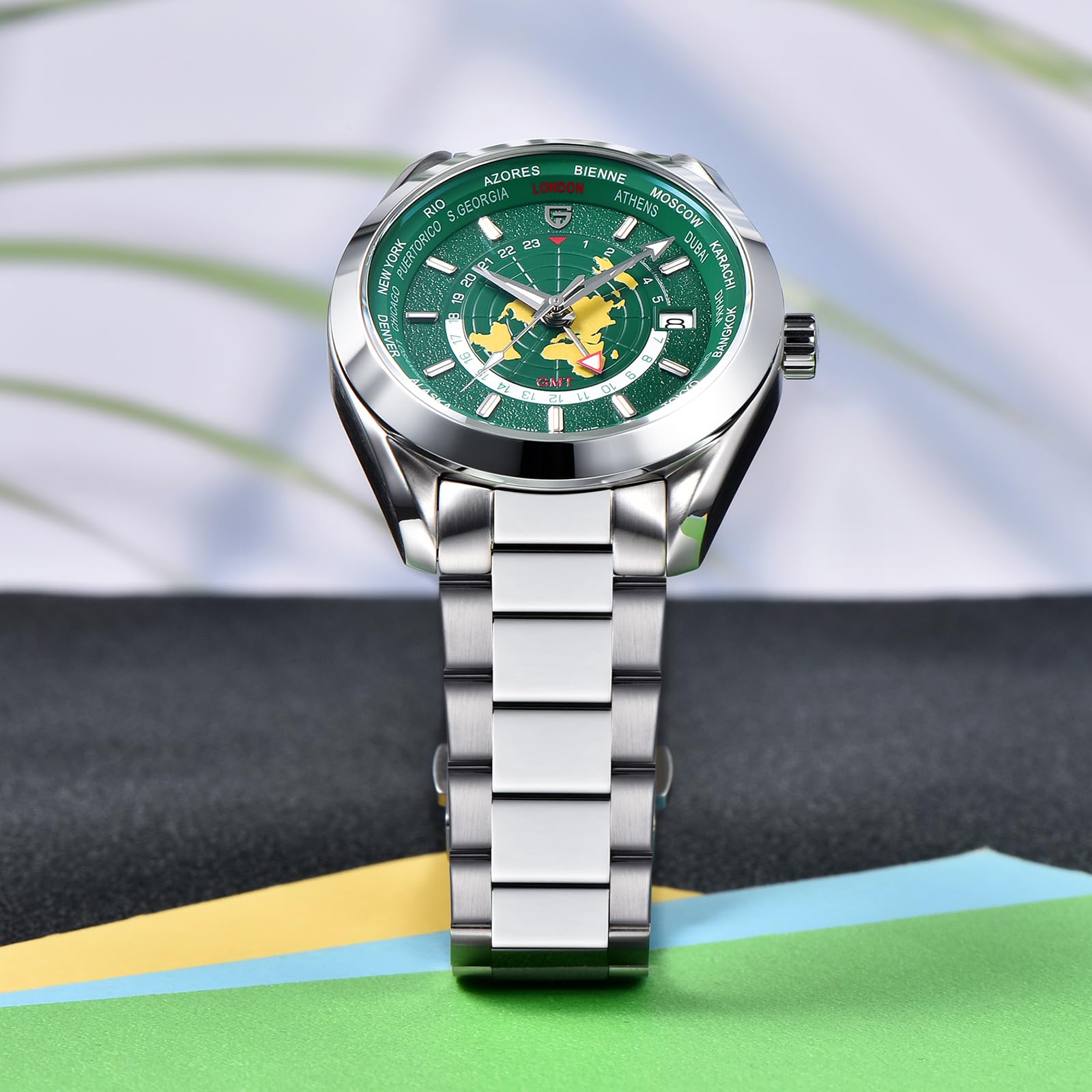 Pagani Design 1788 GMT Men's Automatic Watches, Upscale NH34 GMT Movement Full Stainless Steel 100M Waterproof Luxury Fashion Mens Watches with Dual Time Zone, Green, bracelet