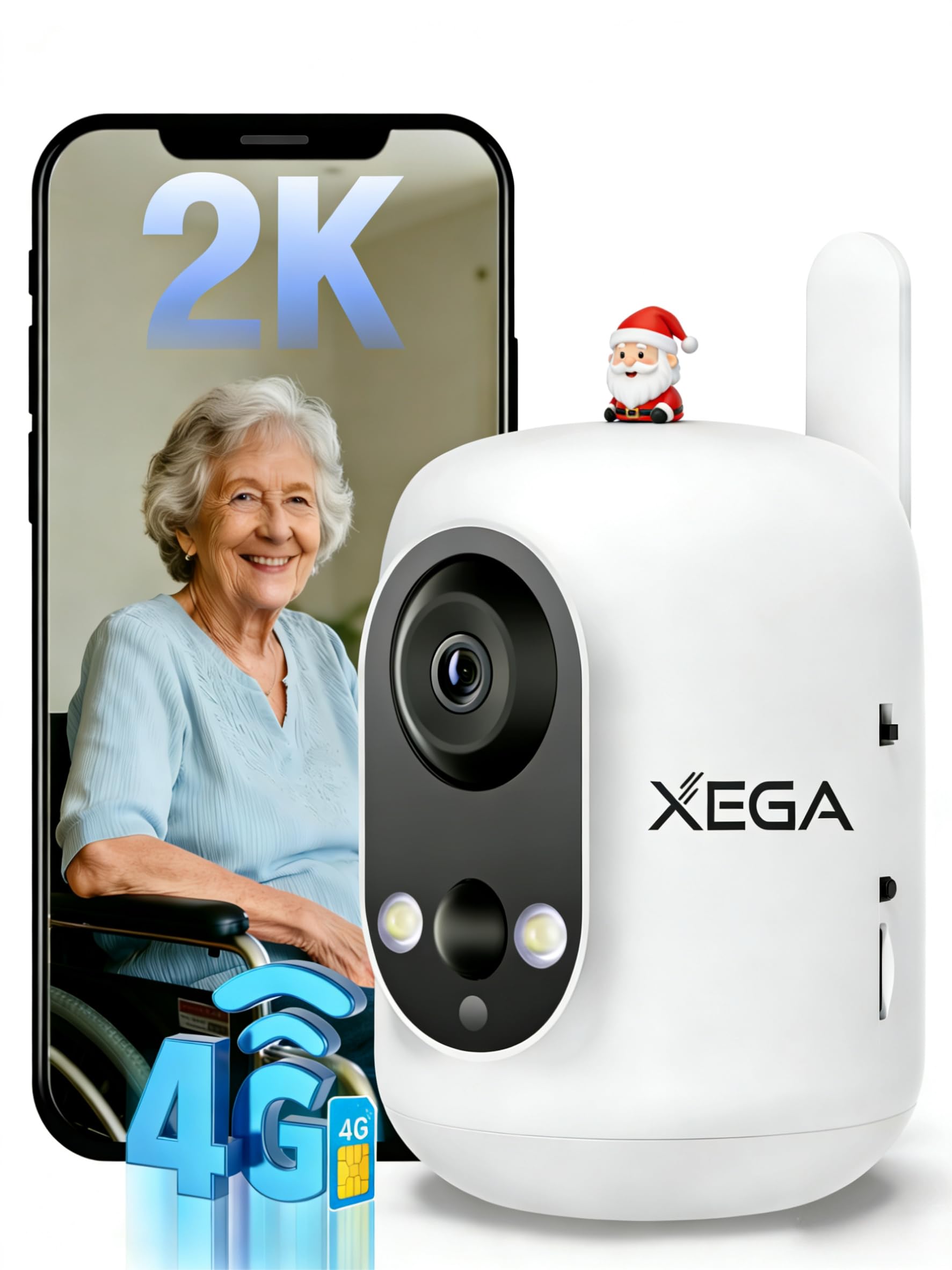 Xega 4G LTE Cámara Vigilancia Interior con Tarjeta SIM, 2K Cámara Inalámbrica sin WiFi para Bebés/Mascotas/Ancianos, 6000mAh Batería, 355°P/60°T, Detección PIR, TF/Cloud No Resistente al Agua ClimeCo Certified