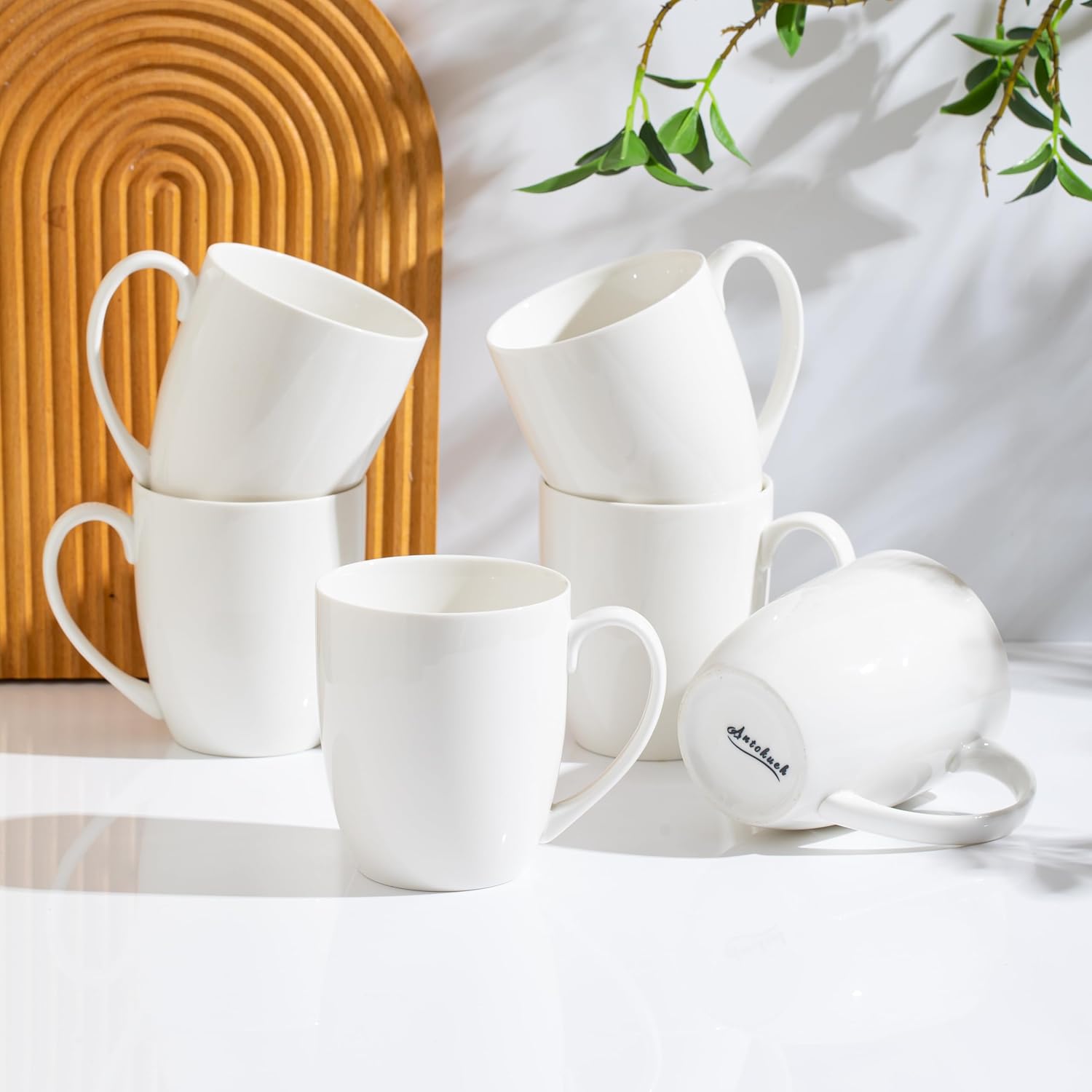 AntoKueh 16OZ White Ceramic Coffee Mugs, Porcelain Mugs Set of 6 with handle for hot cocoa, tea, milk, Cappuccino, Microwave Safe