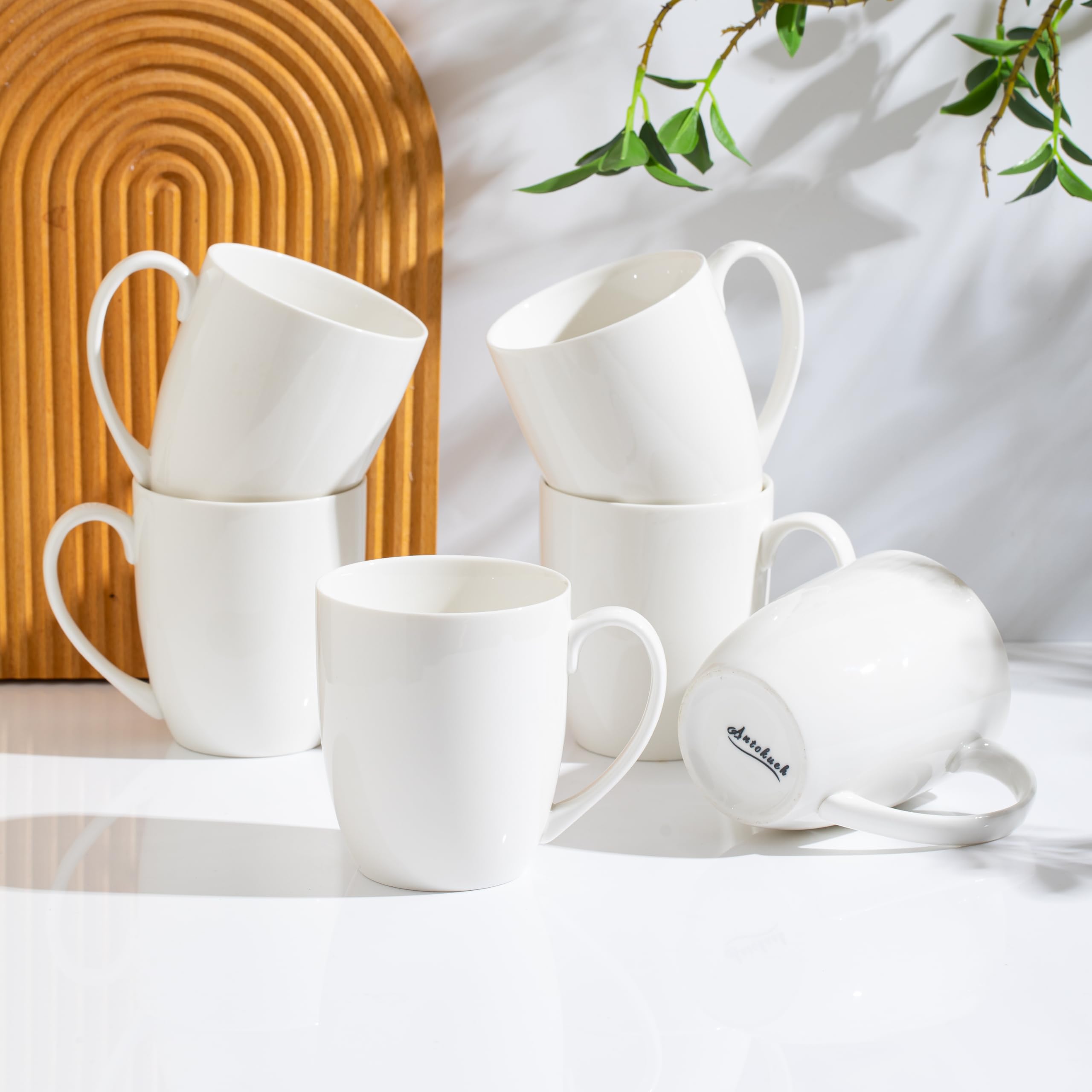 AntoKueh 16OZ White Ceramic Coffee Mugs, 475ml Porcelain Mugs Set of 6 with Large Handle for hot Cocoa, Tea, Milk, Cappuccino, Microwave Safe