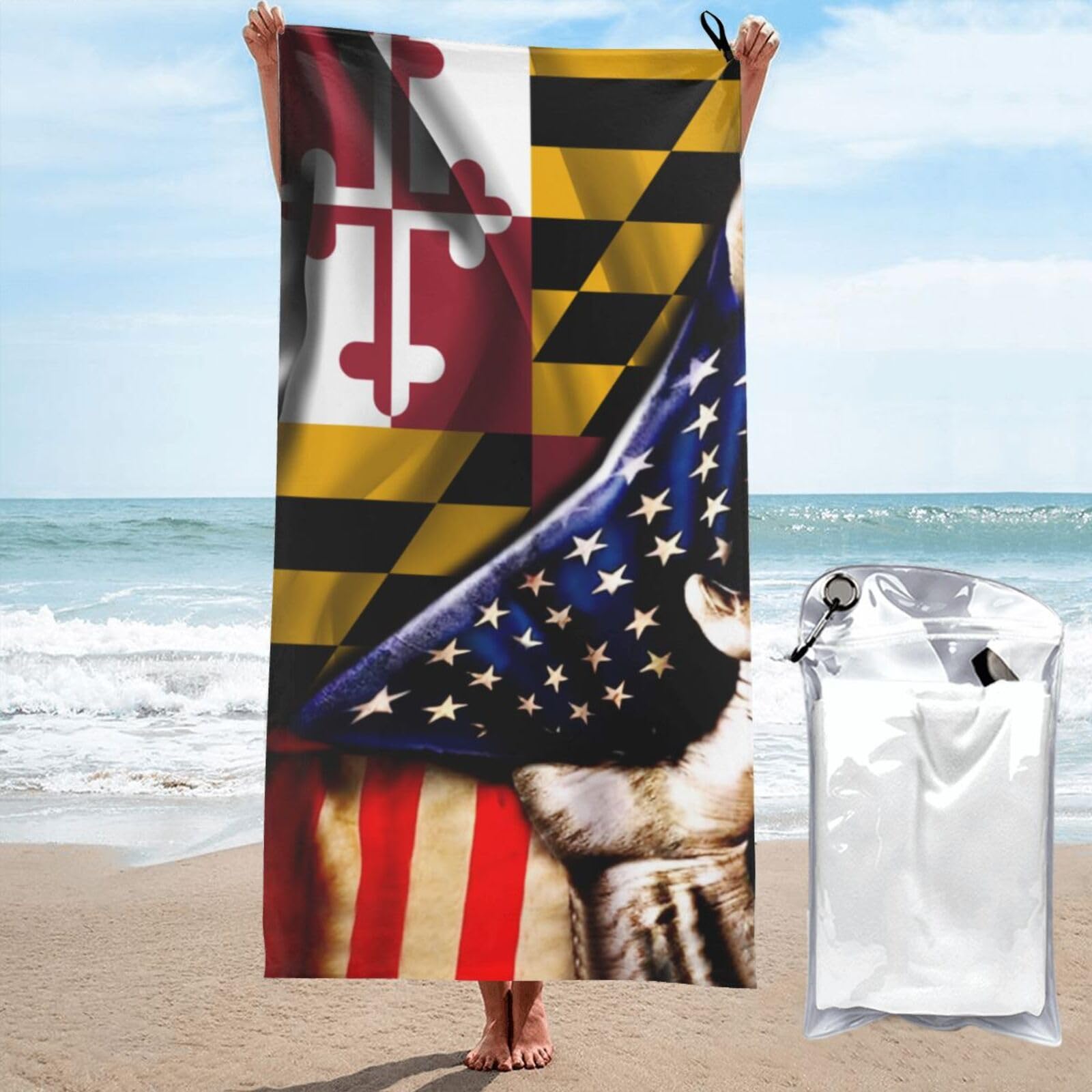 HACXZ Large Camping Towel America Flag and Maryland Flag Microfiber Beach Towel Bathroom Beach Towels