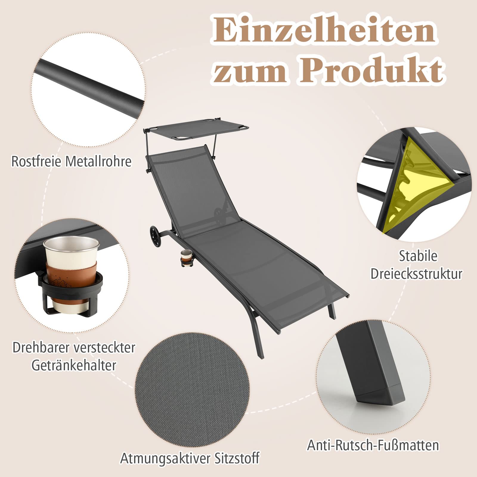 COSTWAY Sonnenliege mit Rollen, Dach und Getränkehalter, Gartenliege mit Verstellbarer Rückenlehne, Terrassenliege, Liegestuhl, Rollliege für Garten, Terrasse, Balkon (Grau)