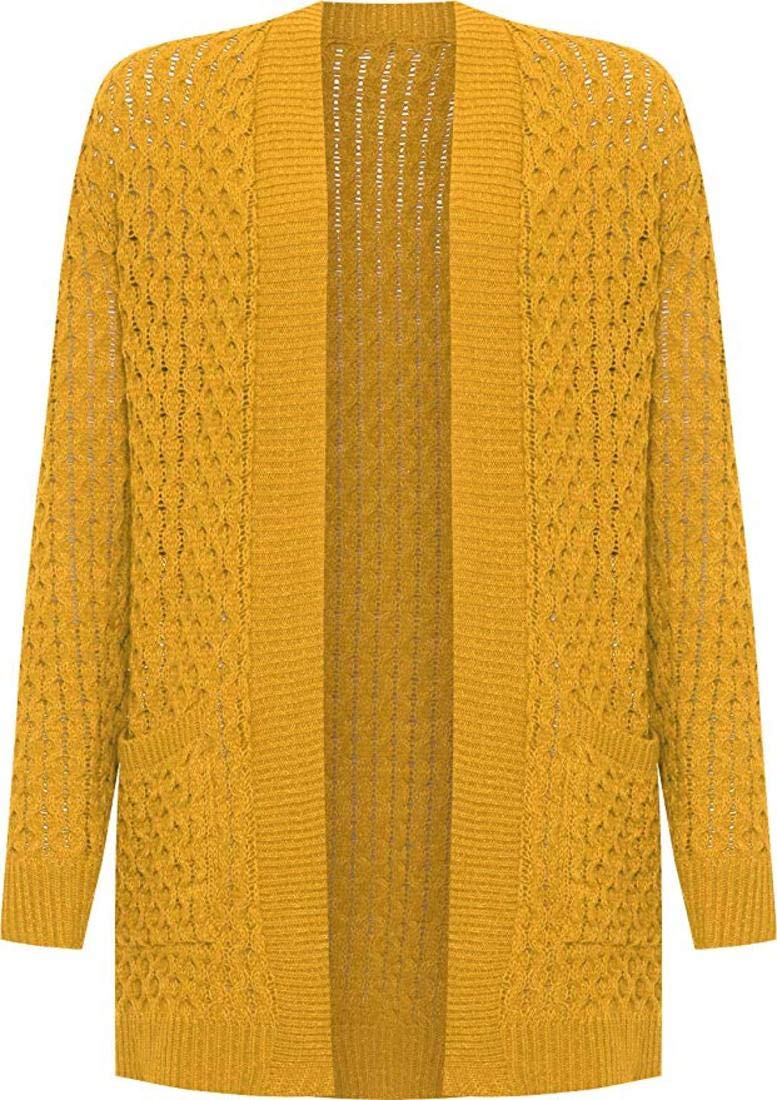 Top Fashion18 Ladies Plus Cable Knitted Open Pocket Cardigan Chunky Long Sleeve Granddad Mustard