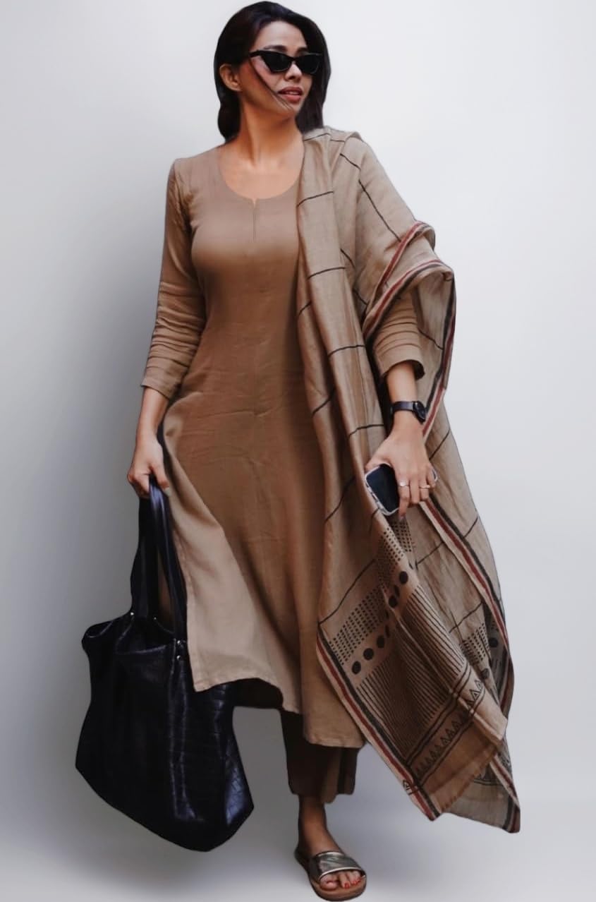 Women's Rayon Blend Solid Straight Kurta with Pant & Dupatta