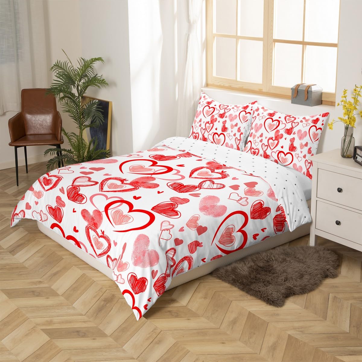 jejeloiu Heart Print Duvet Cover Toddler Size Valentine's Day Bedding Set for Boys Girls Children Red White Comforter Cover Romantic Room Decor Bedspread 2Pcs