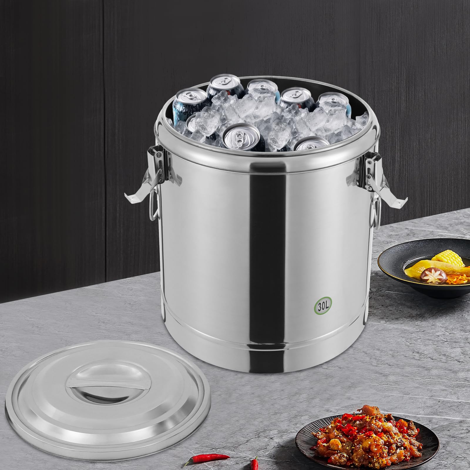 20L /30 L Transport Therm Transport Thermobehälter Kanister Lebensmittel Edelstahl Küche Getreidebehälter mit Deckel und Verriegelungsklemme, Küche Edelstahl Eimer für Schulkantinen (30L)