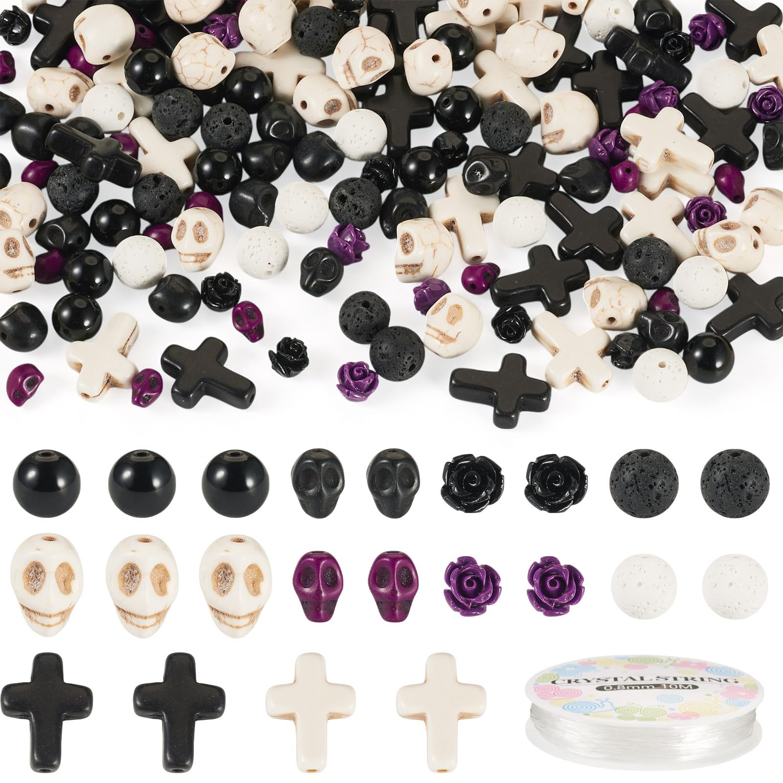 Kit perles têtes de mort Halloween pour fabriquer un bracelet yoga en pierre de lave