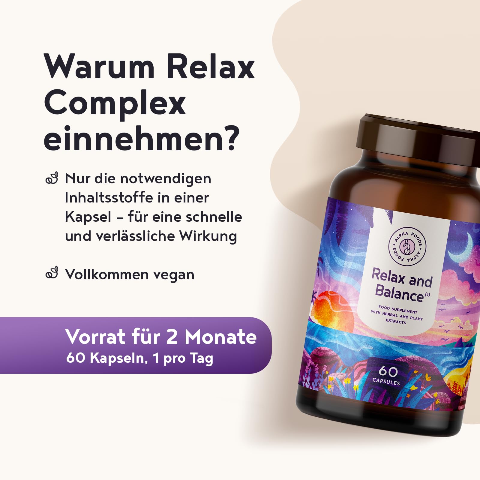 Ruhe & Ausgleich | 60 Vegane Kapseln | Entspannung mit Adaptogenen | Ashwagandha, Reishi, Schisandra, Sibirischer Ginseng, Rosenwurz | HPCL-Laborgeprüft | Alpha Foods