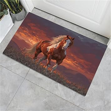 Grassland Horse Door Mat 40x60cm for Entryway, Washable Front Door Mats, Oil Painting Animals Doormat for Kitchen, Foldable Soft Carpet, Non-Slip Indoor Floor Mat for Hallway, Brown Red
