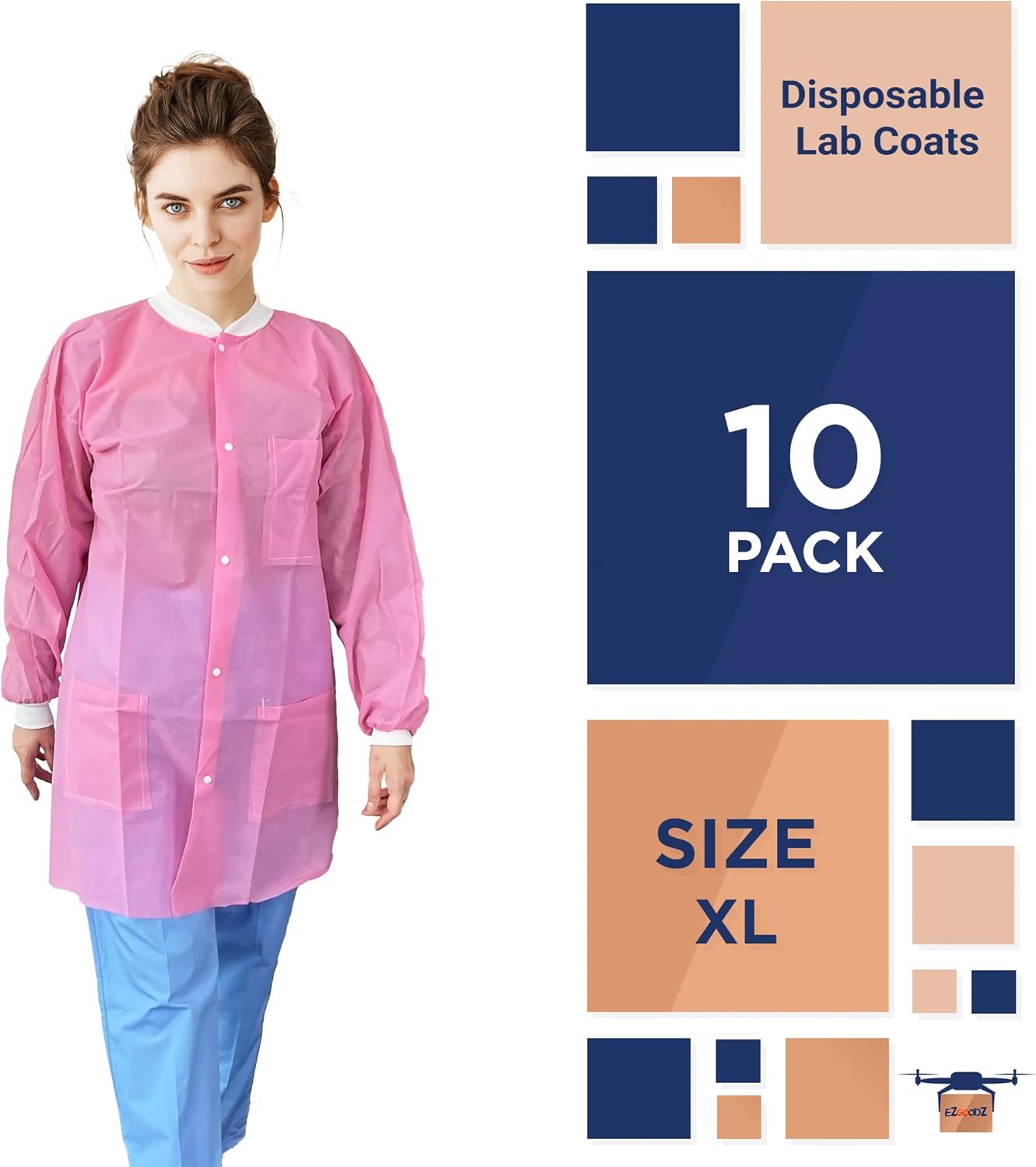 EZGOODZ Light Pink Disposable Lab Coats for Adults, X-Large. 10 Pack Medical PPE Coat. SPP 45 GSM Painting Lab Coat with Cuffs, Collar, Plastic Snaps, 3 Pockets. Splash-Proof Disposable Coats Medical