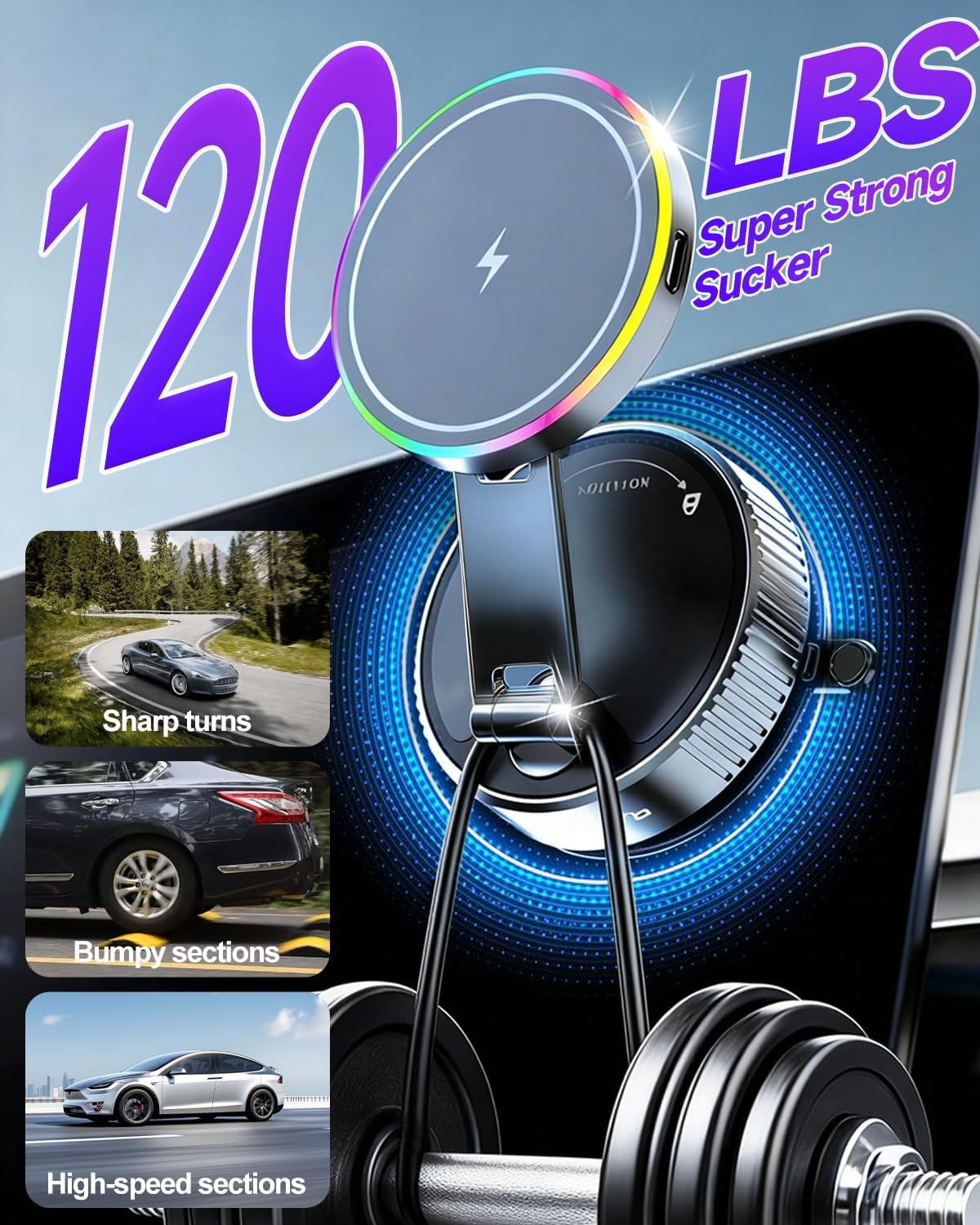 for Magsafe Car Mount Charger, 15W Fast Charging Wireless Car Charger [120LBS Suction &3800gf Magnet] 780° Adjustable, Vacuum Magnetic Phone Holder for Your Car for iPhone & Android, Metal Stand Rotor