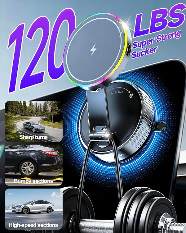 for Magsafe Car Mount Charger, 15W Fast Charging Wireless Car Charger [120LBS Suction &3800gf Magnet] 780° Adjustable, Vacuum Magnetic Phone Holder for Your Car for iPhone & Android, Metal Stand Rotor by WEKEFON - Image 3