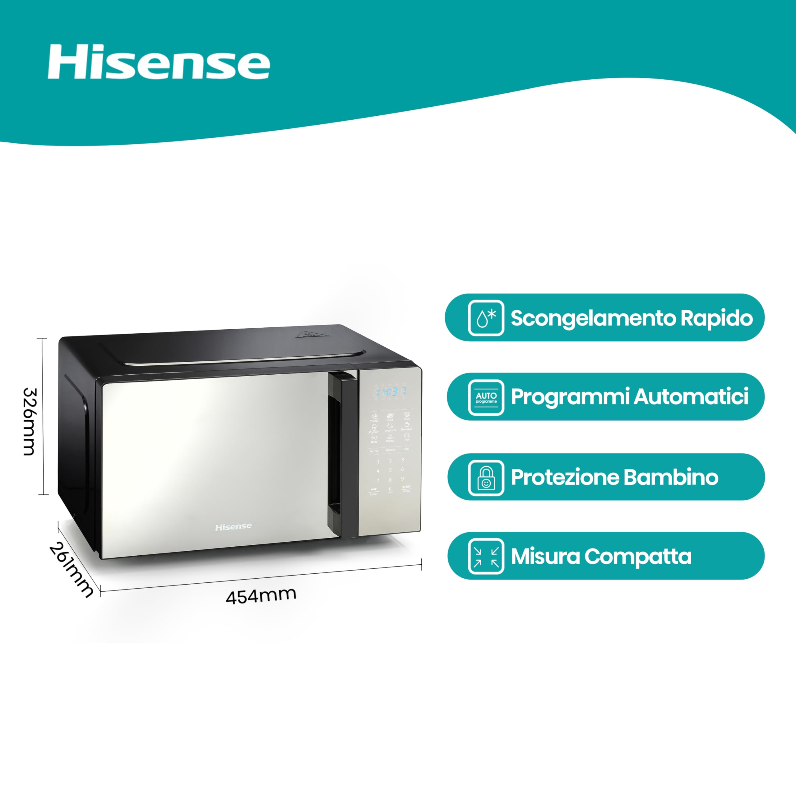 Hisense, H20MOMBS4HG, Microonde 20L, apertura porta a sinistra, display LED con pulsanti, 9 funzioni,700W, grill tubolare, colore specchio