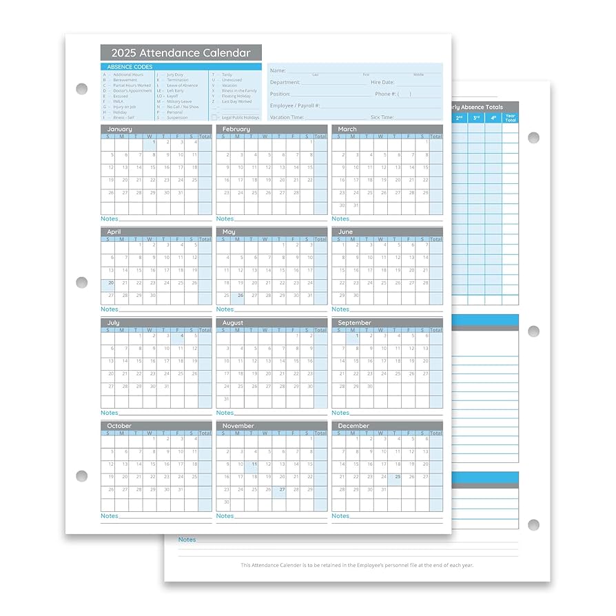 Amazon.com: Blue Summit Supplies 50 Sheet Attendance Calendar, Employee 2025 Attendance Sheets for 3 Hole Binder, Convenient Tracker for Employee Attendance Record, Time Off, and Tardiness, 50 Pack : Office Products amazon-com-blue-summit-supplies-50-sheet-attendance-calendar-employee-2025-attendance-sheets-for-3-hole-binder-convenient-tracker-for-employee-attendance-record-time-off-and-tardiness-50-pack-office-products