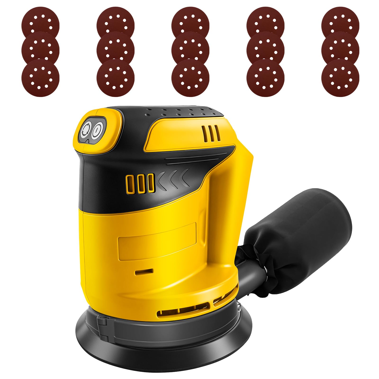 Roadtime Levigatrice orbitale per batteria DeWalt da 20 V (senza batteria), smerigliatrice da 125 mm, 20,000 giri/min, 3 velocità con contenitore di raccolta della polvere e 20 carta vetrata, per