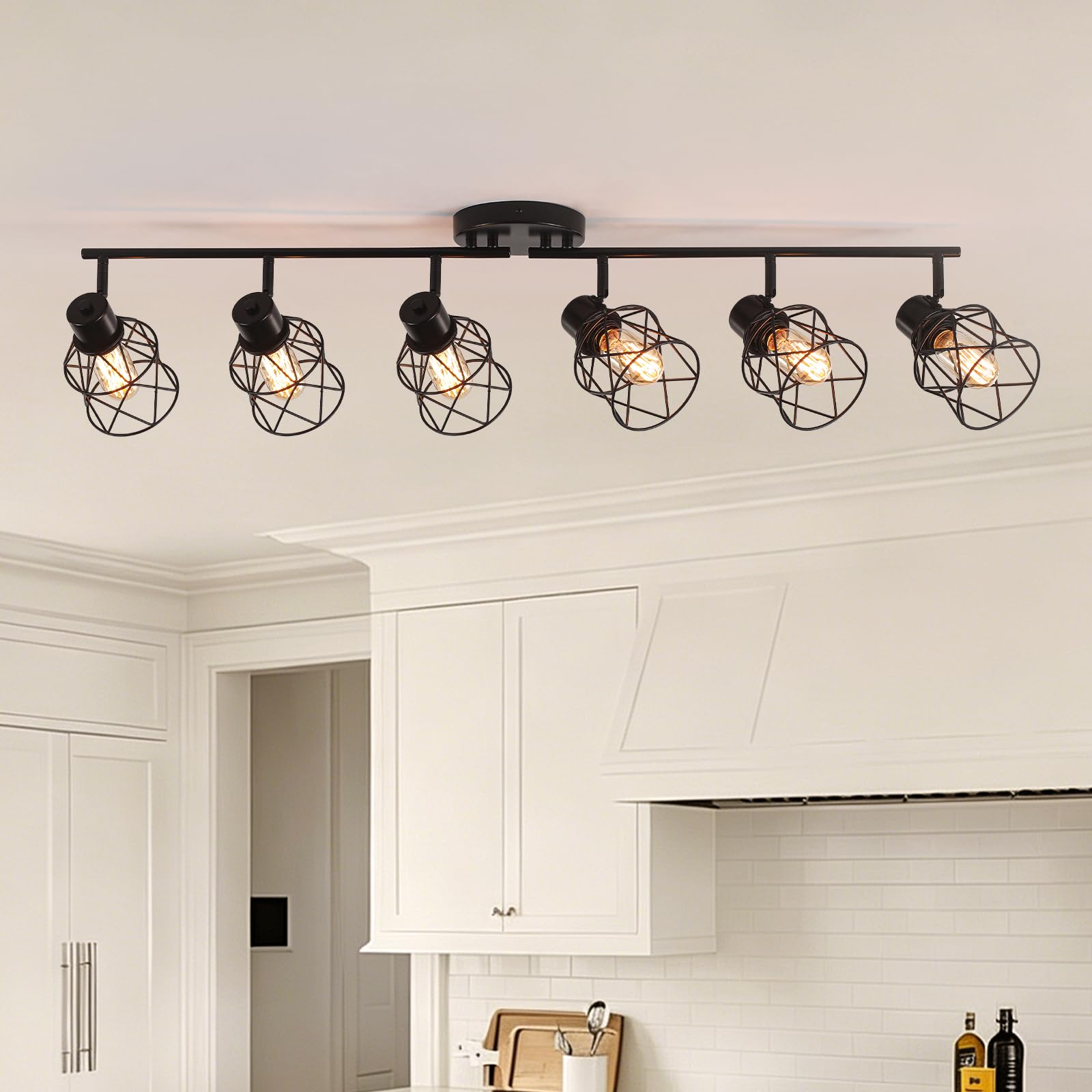 6 Lights Adjustable Multi-Directional Black Light Fixtures, Semi Flush Mount Ceiling Light, Kitchen Light Fixtures, Track Lighting Fixtures Metal Cage Industrial Spotlight Fixtures for Dining Room