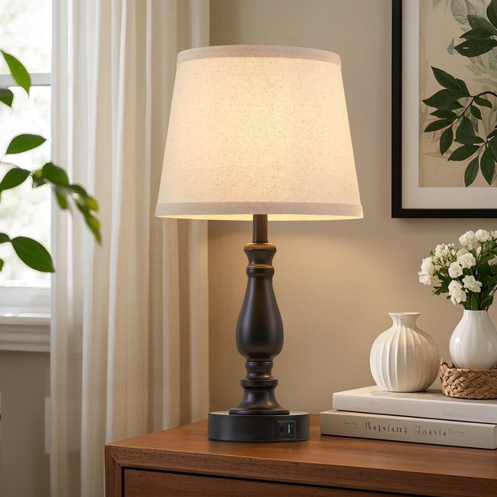 GyroVu Nachttischlampe 2er Set, Touch Bedside Lamps mit USB A+C Ladeanschlüssen, Tischlampe mit Kabel, 3-Stufig Dimmbar Table Lamp für Schlafzimmer Wohnzimmer Hotel Büro (LED-Birne Inklusive)