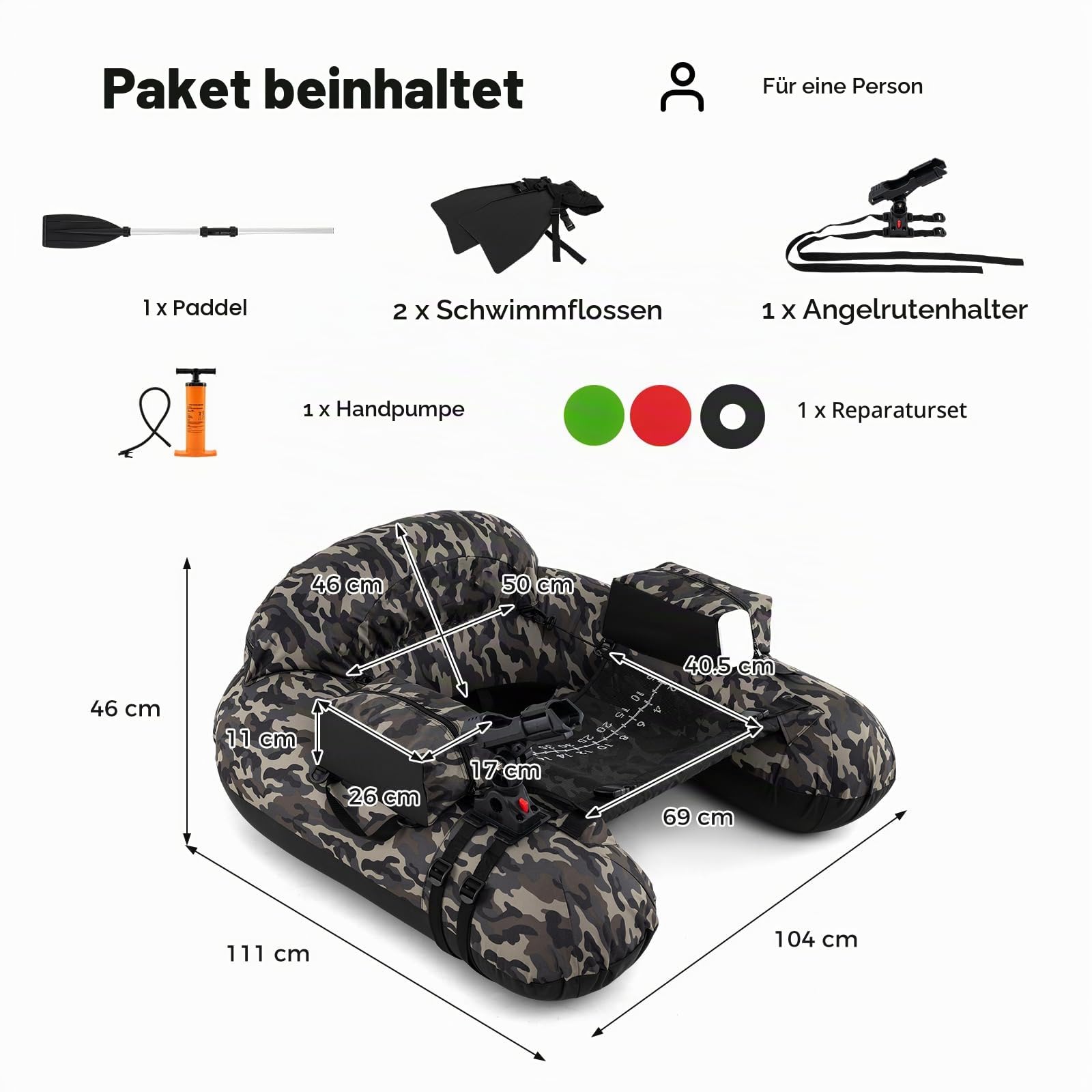 HOMASIS Schlauchboot, aufblasbares Angelboot mit Pumpe, Alu-Paddel & Flossen, Fischerboot mit Verstellbarer Angelrutenhalter & Fischhakenstator, Belly Boat 150 kg belastbar, 111x104x46cm