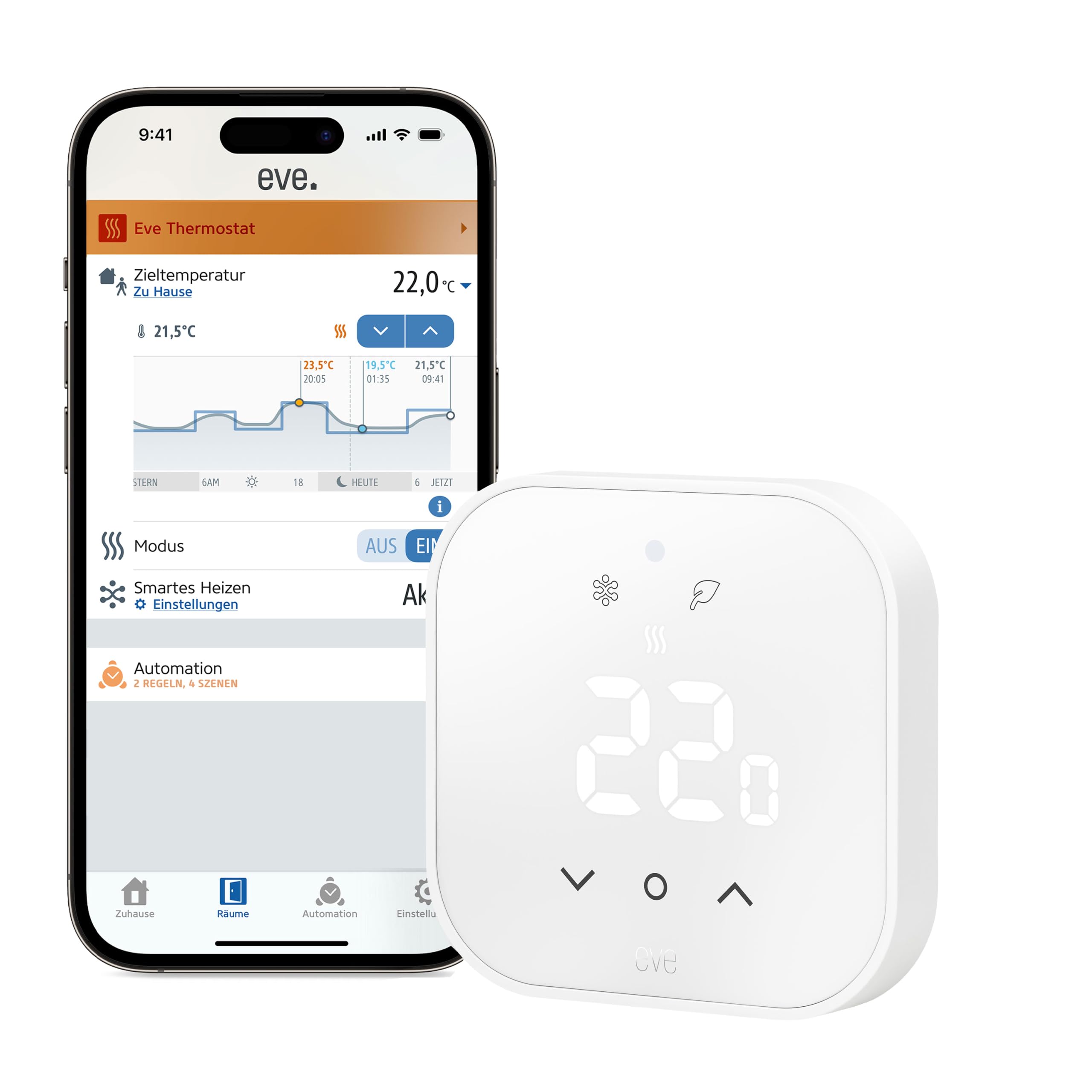 Eve Thermostat (Matter) - Smartes Thermostat für Fußbodenheizungen | Fußbodenheizungssteuerung für Alexa, Apple, Google, App- und Sprachsteuerung, präzise Einzelraumsteuerung, Triac-Schaltung