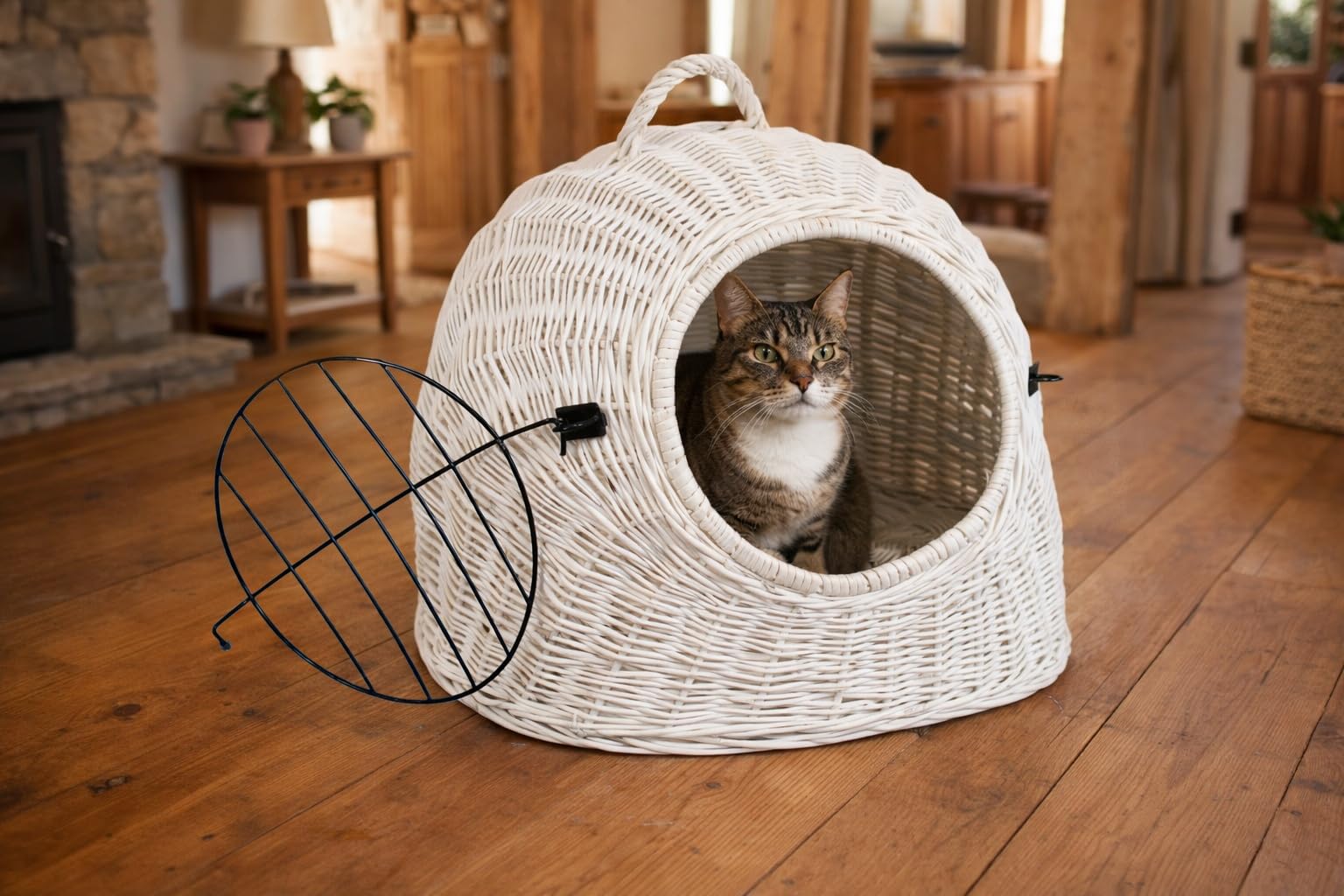 Weidenkorb Korbhöhle mit Gitter und Tragegriff – Abmessungen 50x40x45 cm – Transporthöhle – Weiße Farbe – Hersteller – Transporter ohne Kissen