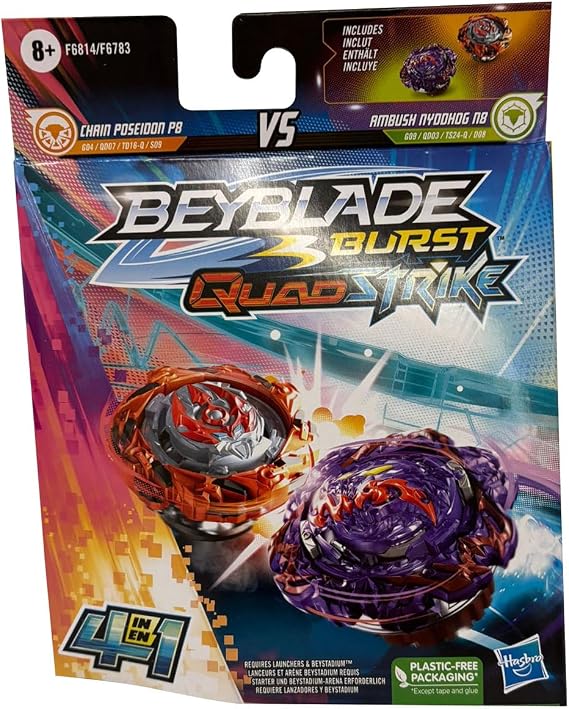 Beyblade Burst QuadStrike Dual Pack 2 x Competition Spinning Top Ambush Nyddhog N8 and Chain Poseidon P8
