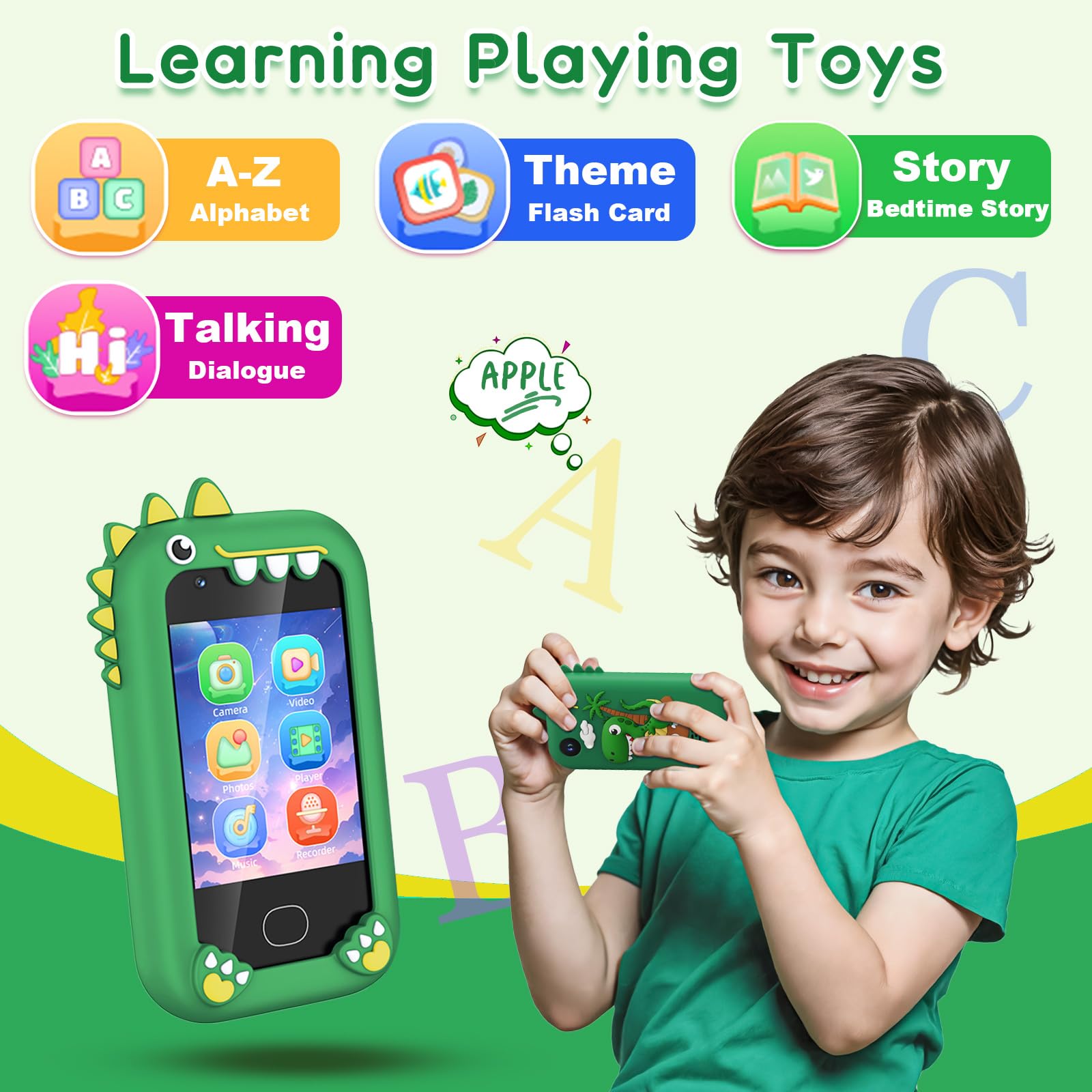 Teléfono inteligente para niños – Teléfonos para niños de 3 a 10 años, pantalla táctil HD de 2.8 pulgadas, cámara dual HD, regalo de cumpleaños de Navidad, juguete de dinosaurio, tarjeta SD de 7