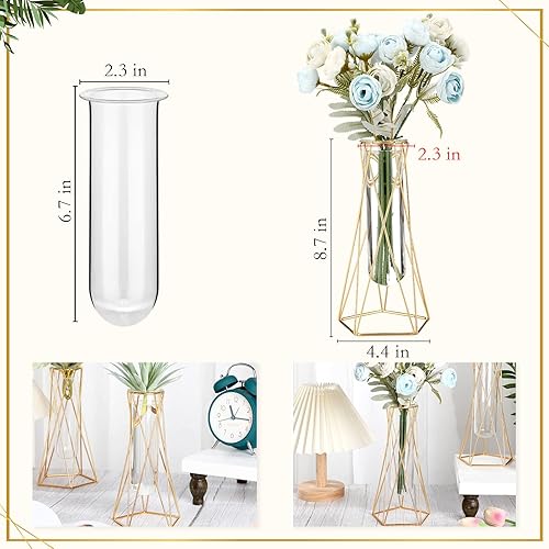 Miniatura 2 de Jarrón geométrico dorado de 4 piezas para centros de mesa, soporte de flores de metal con cilindro de vidrio, florero hidropónico para plantas para