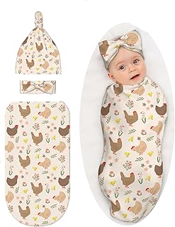 Cute Chicken Printed Swaddle Blanket with Hat and Bow Set, Rooster Sleeping Bag Swaddling Sack Shower Gift, Funny Baby Items Stuff